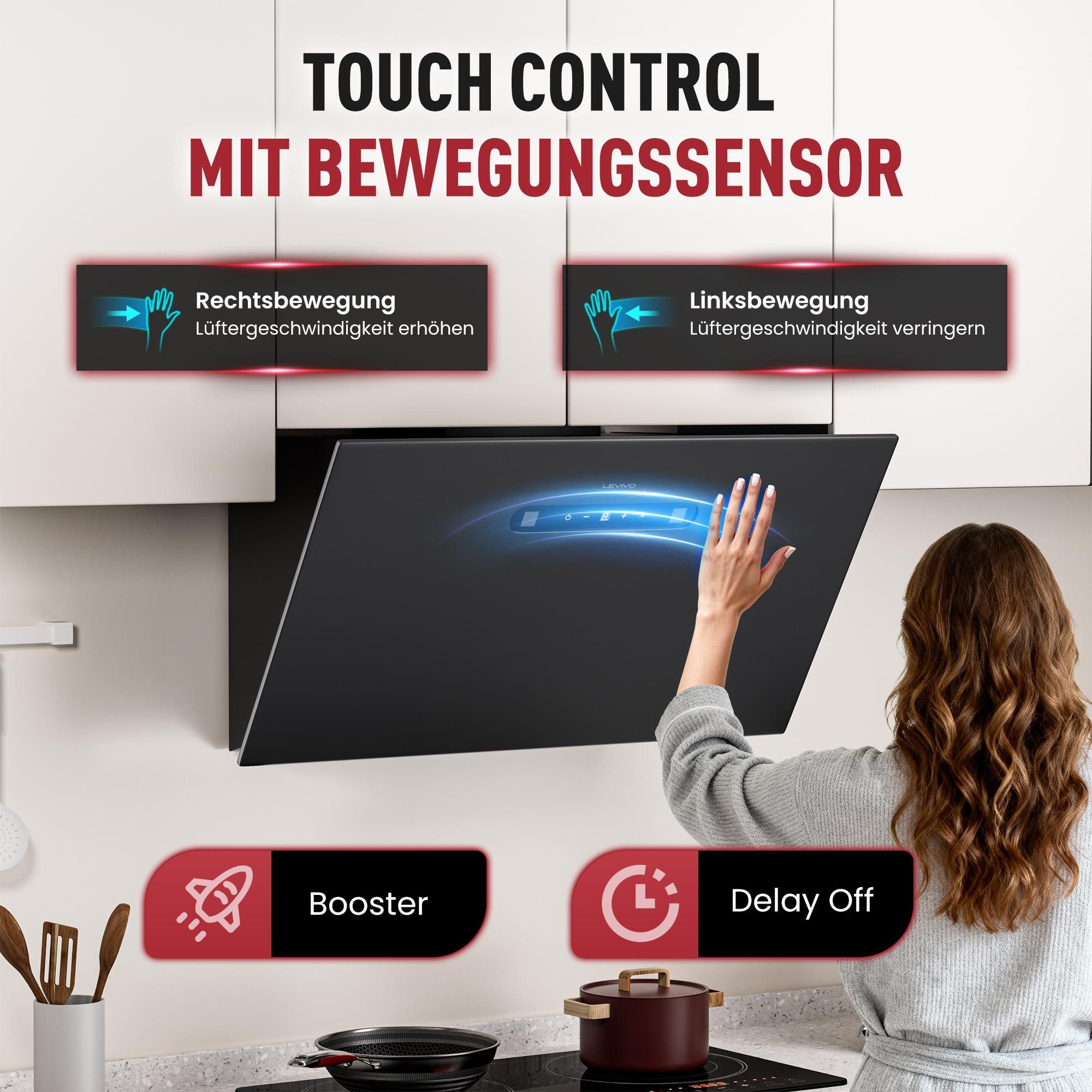 Levivo Kopffreihaube A+++ 420 m³/h Dunstabzugshaube 60cm Umluft & Abluft A+++ 420 m³/h Dunstabzugshaube 60cm Umluft & Abluft, Aktivkohlefiltern, Fettfiltern, LED-Beleuchtung