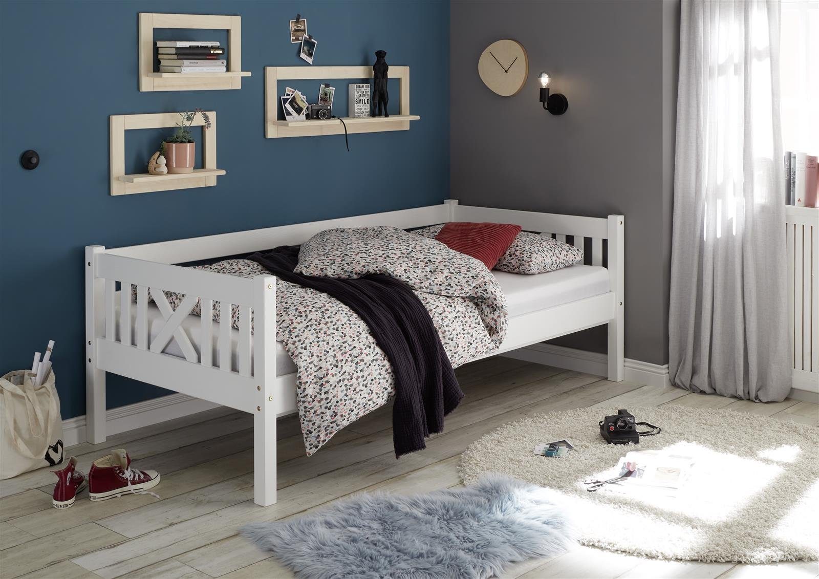 möbelando Bett Toulouse, Modernes Bett aus Kiefer Massivholz in Weiß,  gewachste Oberfläche. Liegefläche 90 x 200 cm. Breite 210 cm, Höhe 71 cm,  Tiefe 98 cm