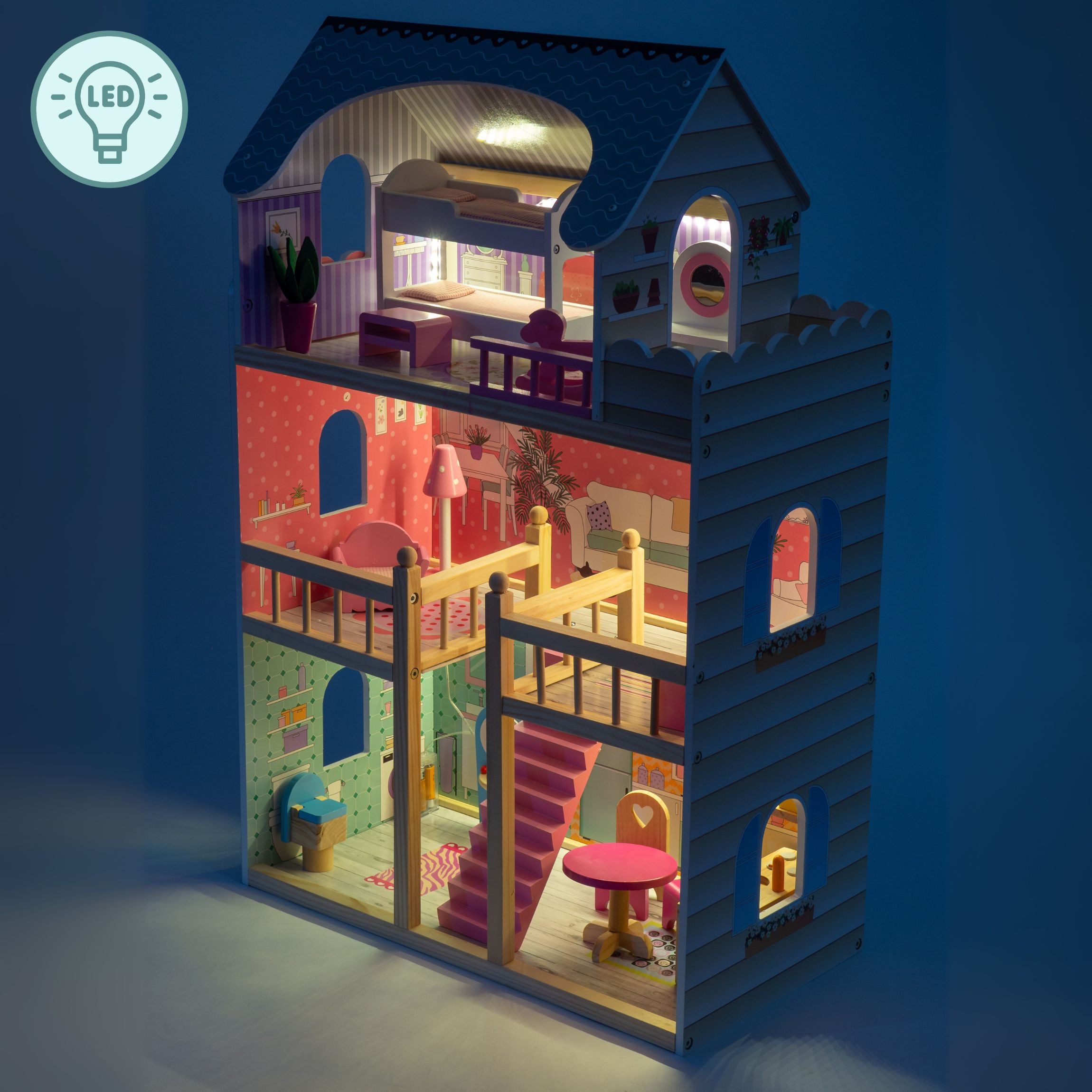 Mamabrum Puppenhaus 3-stöckiges Holzpuppenhaus mit Terrasse, Möbelset und L günstig online kaufen