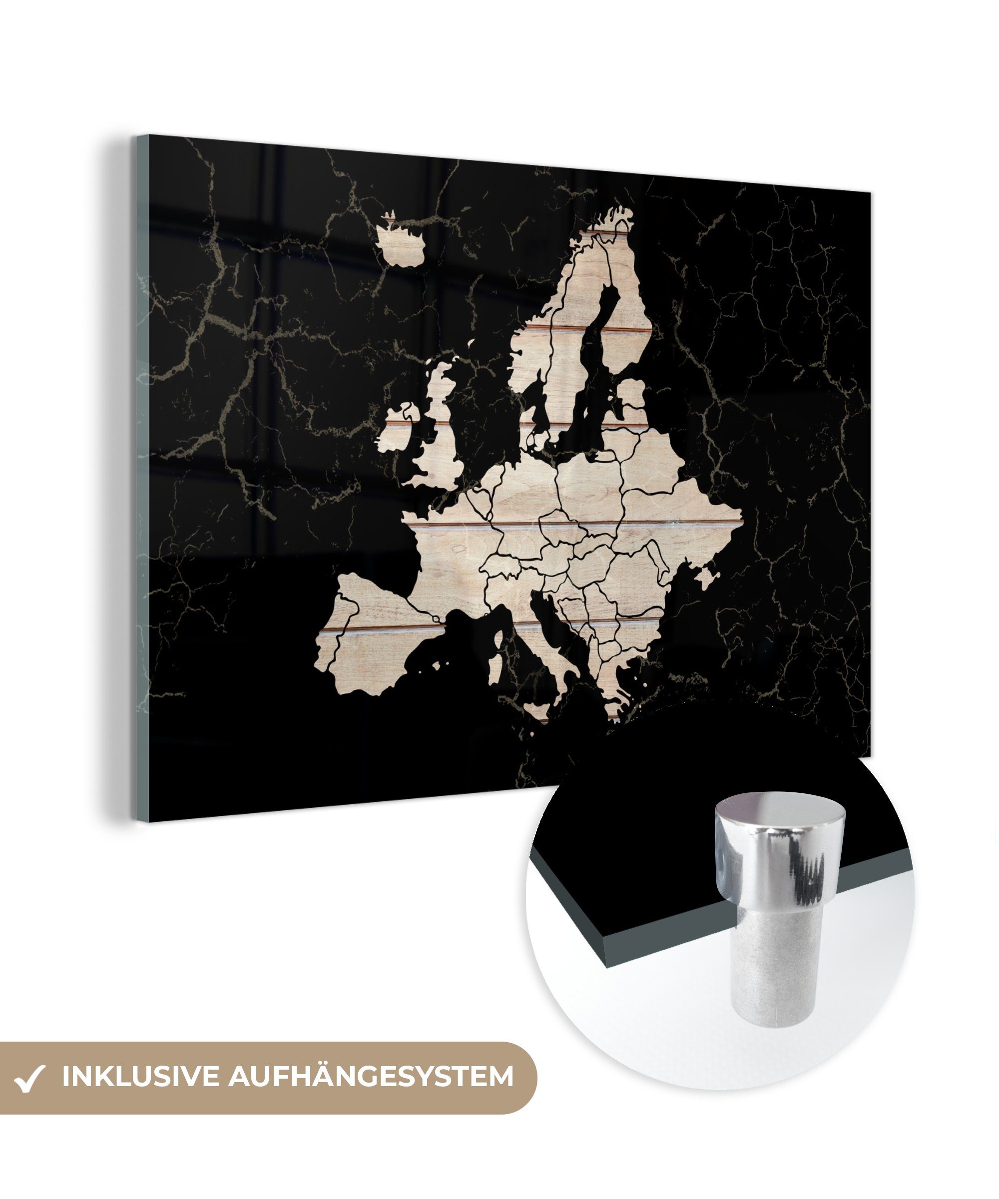 MuchoWow Acrylglasbild Karte von Europa - Schwarz - Holz, (1 St), Acrylglasbilder Wohnzimmer & Schlafzimmer