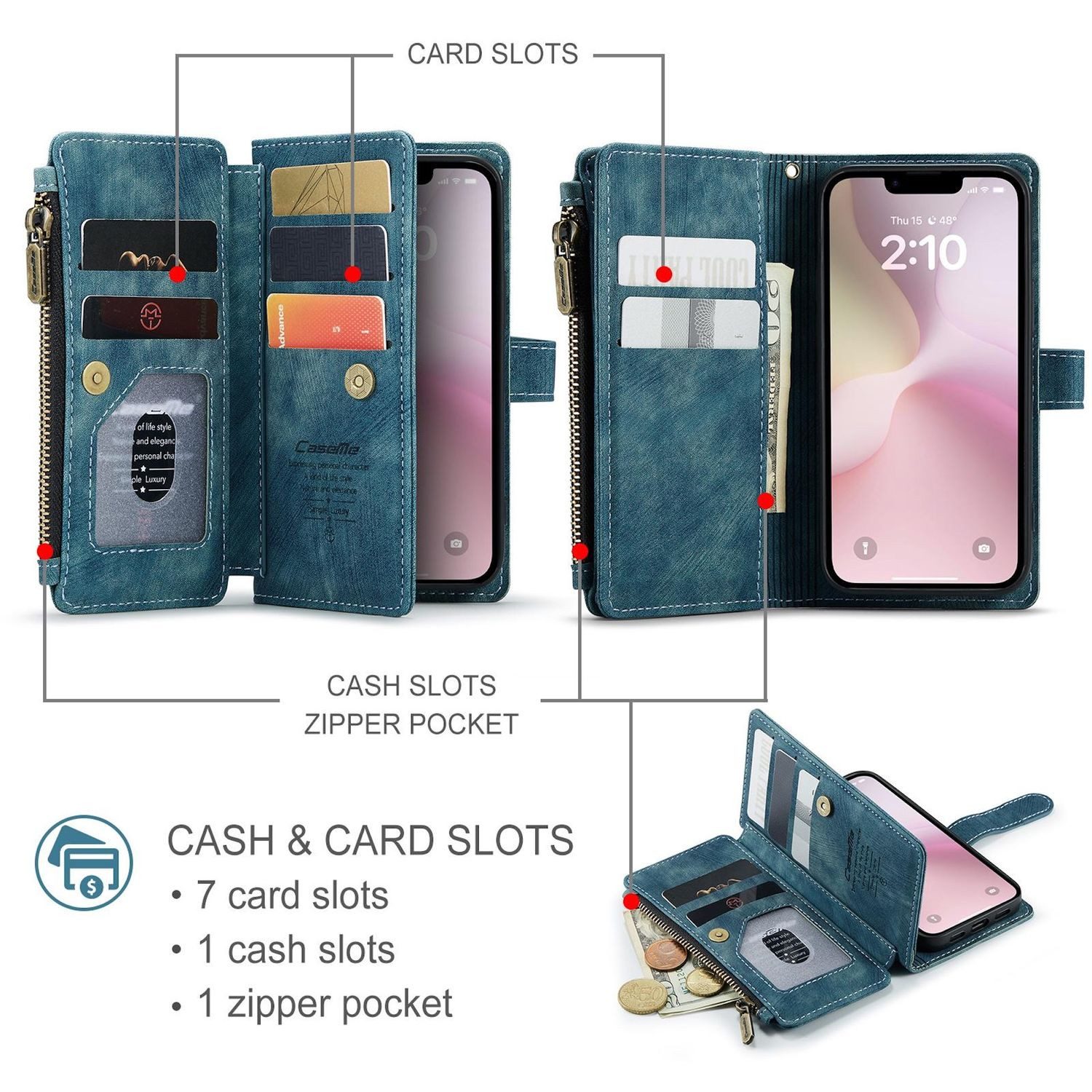 CaseMe Handyhülle Klapptasche für Apple iPhone 17e / 16e Kunstleder Multifunktion Zipper, Kunst-Leder Schutz Tasche Smart Case Multifunktion