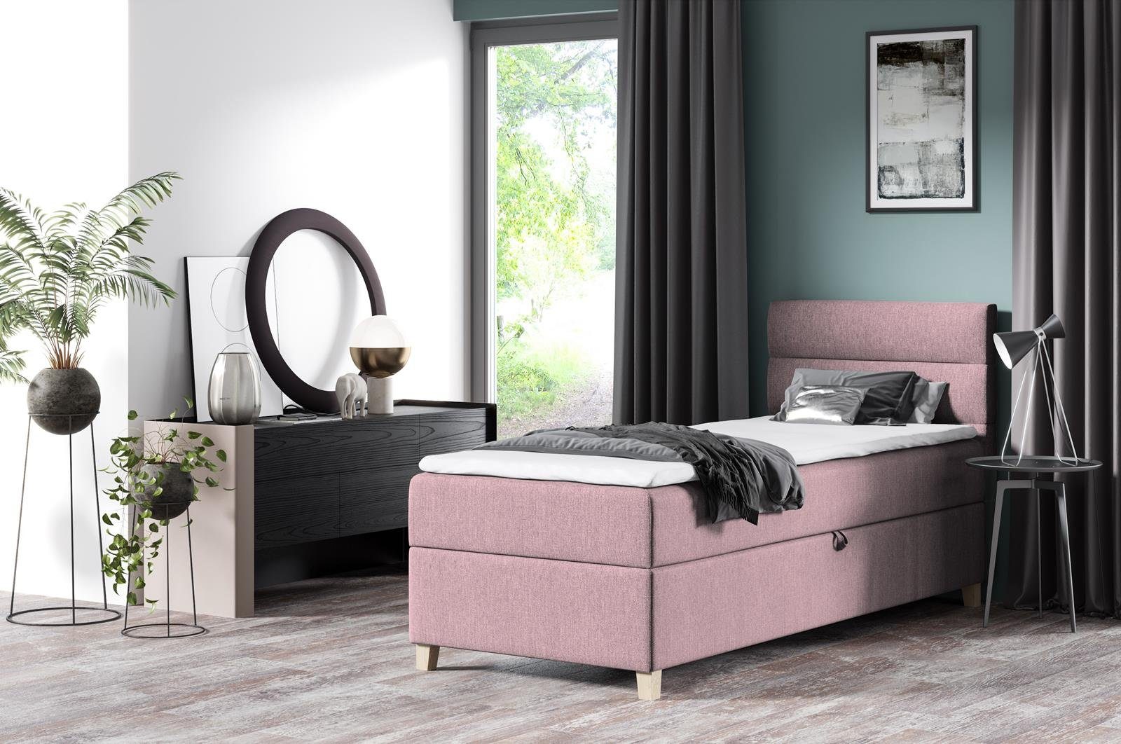 Beautysofa Boxspringbett Velour Bett DONNA MINI mit Matratze, Topper Polsterbett Schlafzimmer Rosa (soro 61)