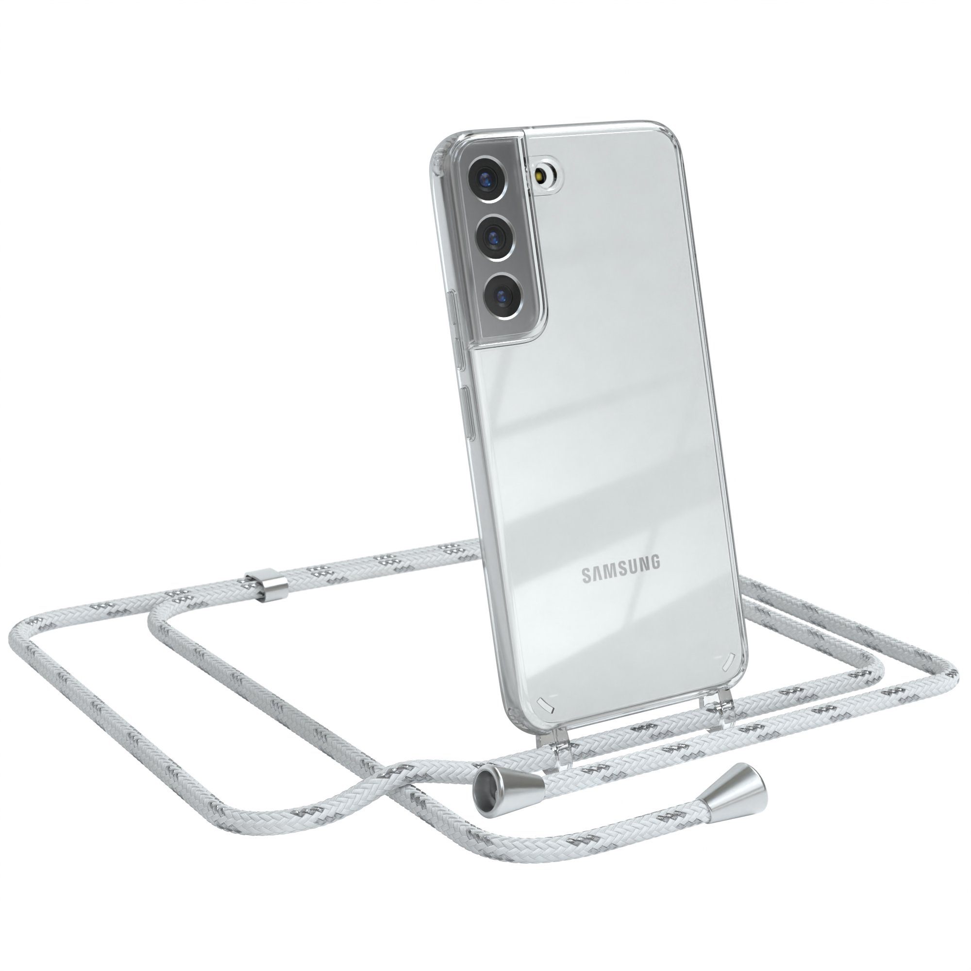 EAZY CASE Handykette Hülle mit Kette für Samsung Galaxy S22 5G 6,1 Zoll, Hülle Smartphonekette für Unterwegs Festivalhülle Transparent Weiß