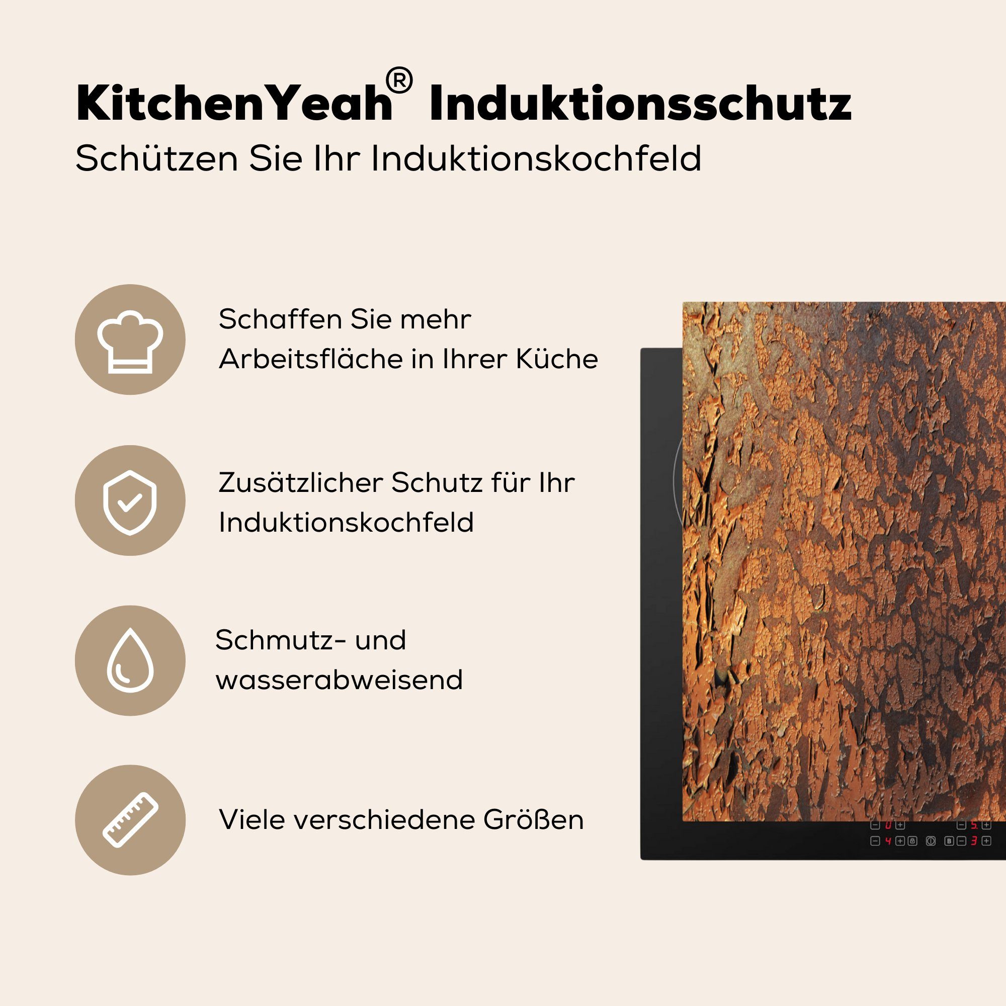 Induktionsschutz, 59x51 Vinyl, (1 Induktionskochfeld, MuchoWow Ceranfeldabdeckung - - Herdblende-/Abdeckplatte Rost, Retro Stahl Metalle - cm, tlg),