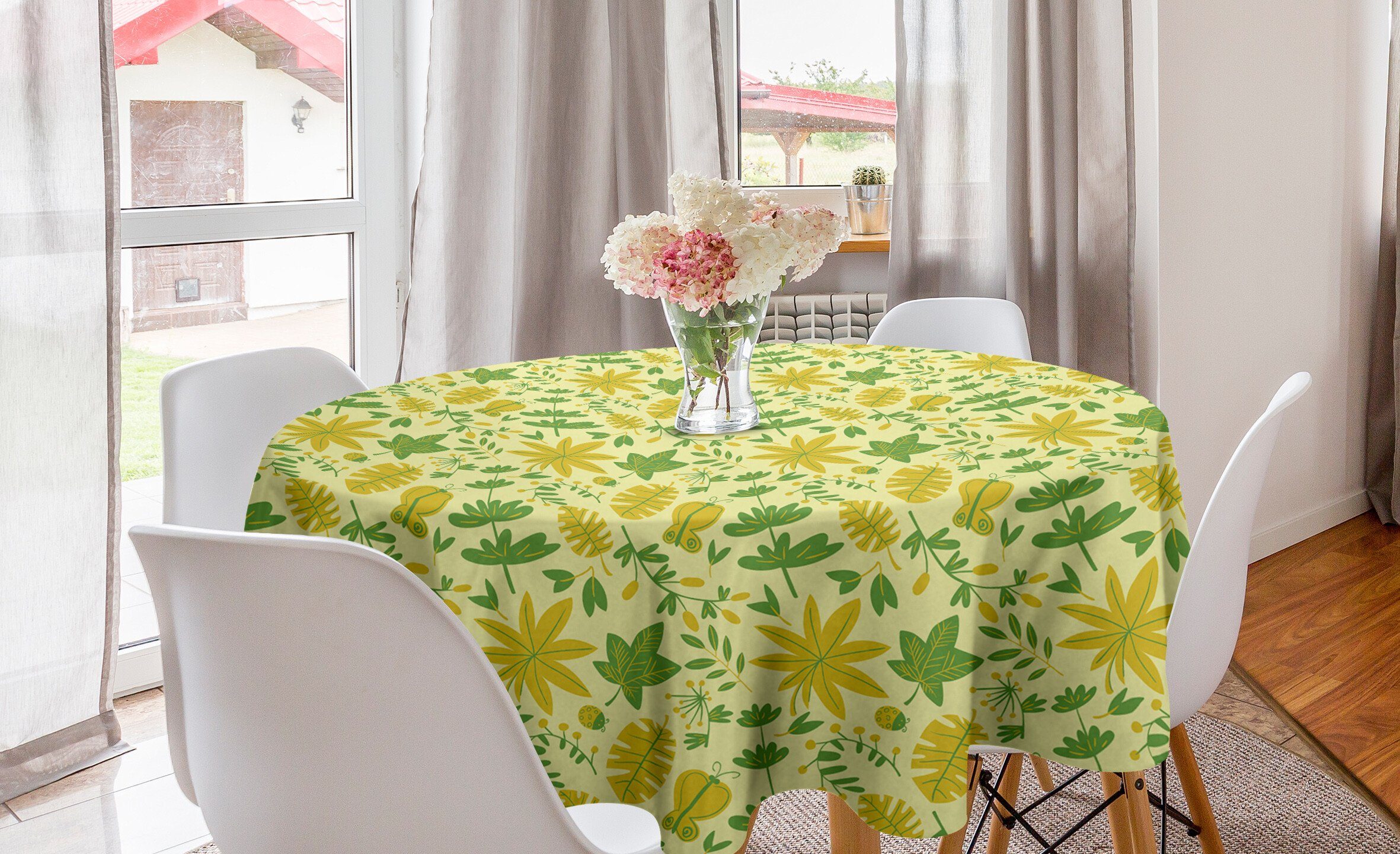 Abakuhaus Tischdecke Kreis Tischdecke Abdeckung für Esszimmer Küche Dekoration, Blätter Blätter Pflanzen Schmetterlinge