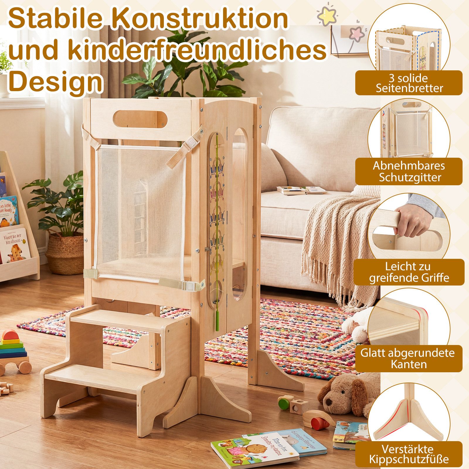 COSTWAY Tritthocker, 4 in 1 Lernturm klappbar mit 2-Stufen Hocker, Tafel