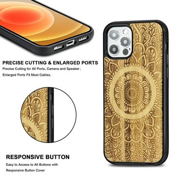 Wigento Smartphone-Hülle Holzfurnier Mandala geprägte Magsafe Hülle Handy Tasche Bambus für Apple iPhone 12 / 12 Pro 6.1 Zoll