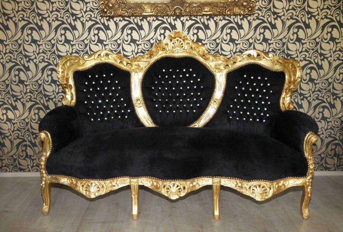 Casa Padrino 3-Sitzer Barock Sofa Möbel 3er "King" Glitzersteinen Schwarz/Gold mit Bling Bling