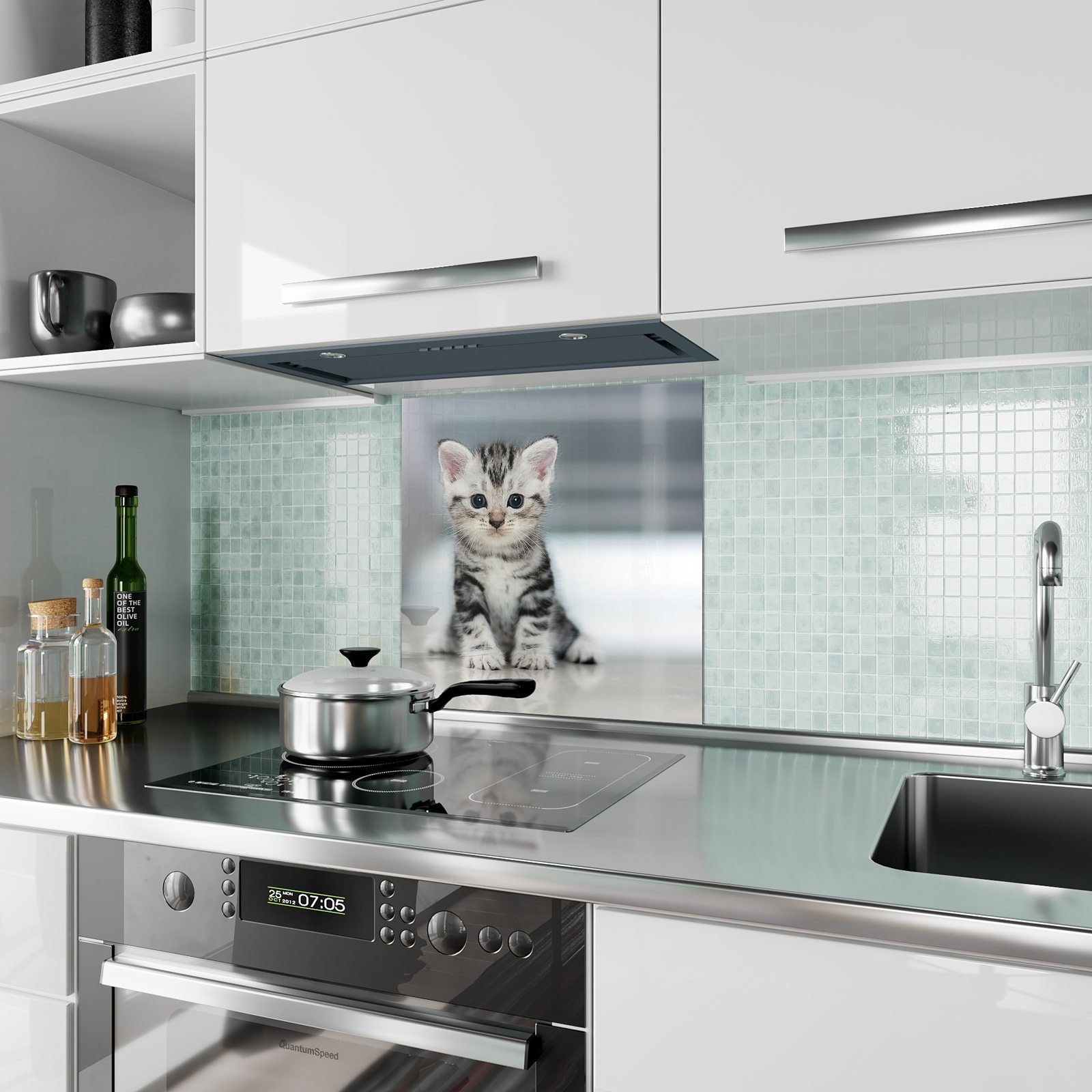 Primedeco Küchenrückwand Spritzschutz mit Katzenbaby Küchenrückwand Glas Motiv Kleines