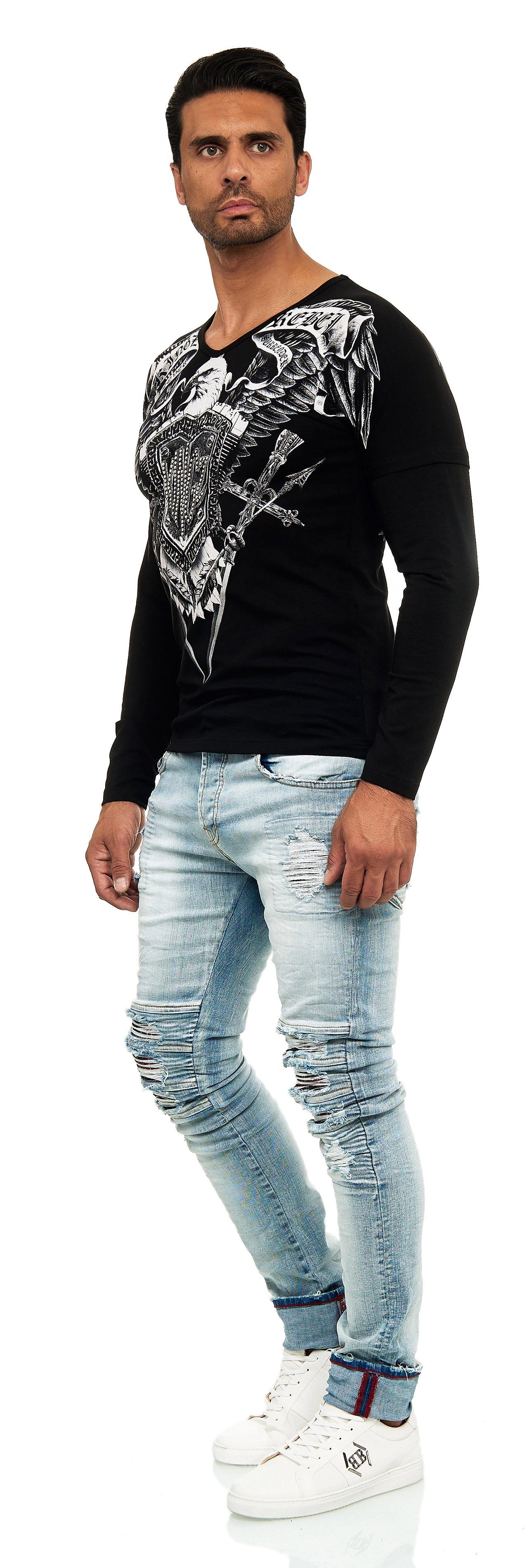 KINGZ Langarmshirt in Body-Fit mit Adler-Motiv schwarz-silberfarben