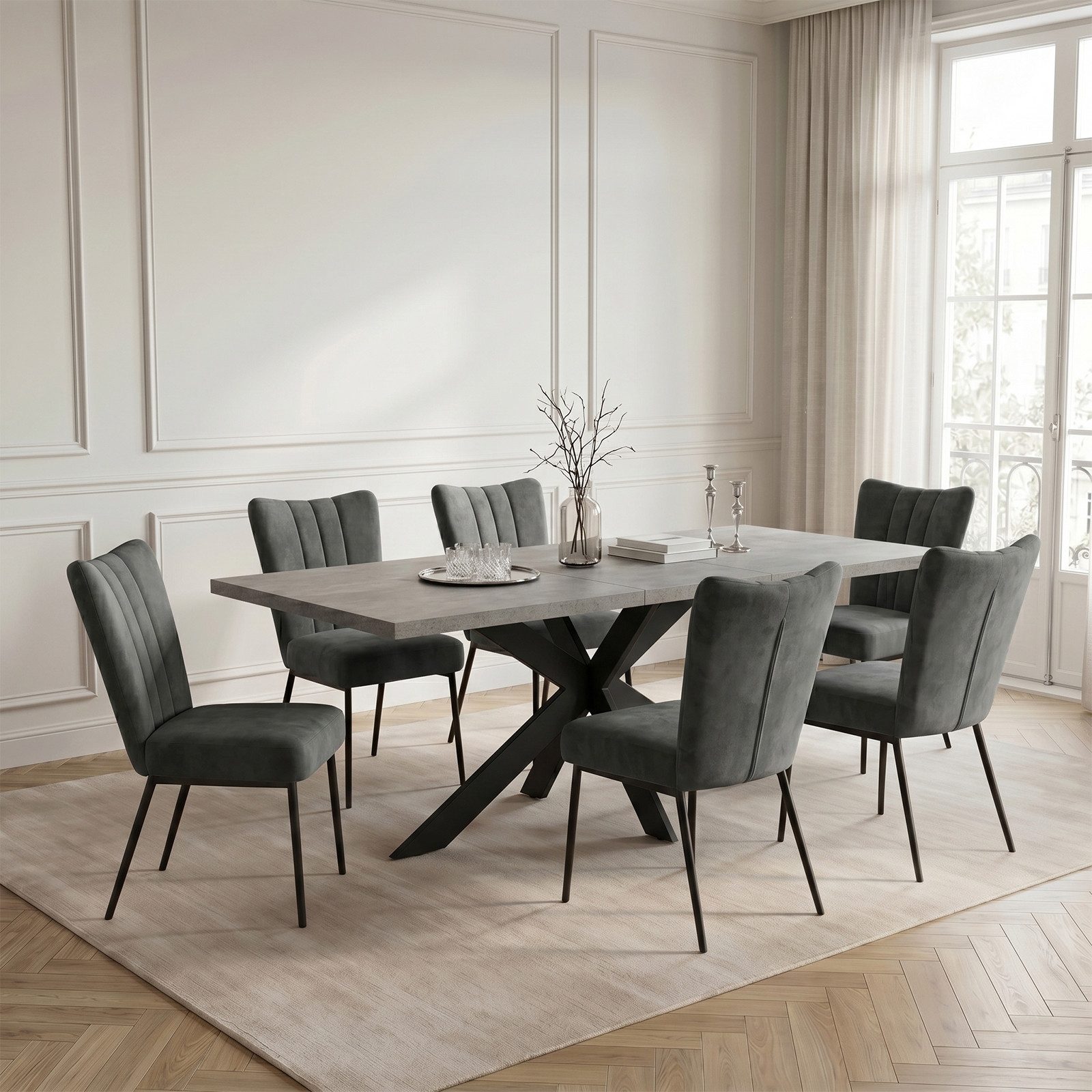 Jiexi Essgruppe Esstisch Ausziehbar 160-200cm mit Samtstühlen Metallbeine