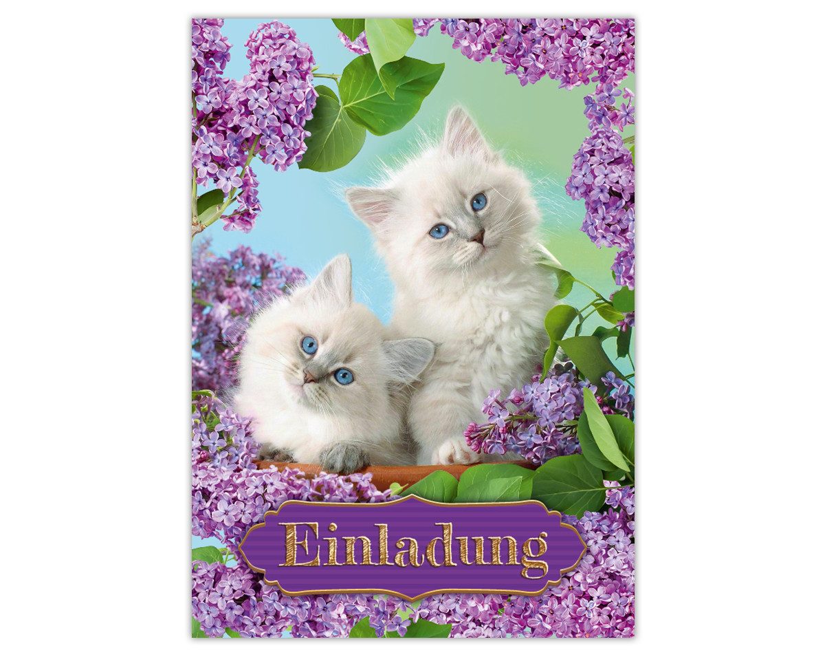 JUNAPACK Einladungskarten Katzen Einladungen zum Kindergeburtstag Blumen Mädchen Karten, Einladungskarten mit einem Katzen Motiv für Kinder