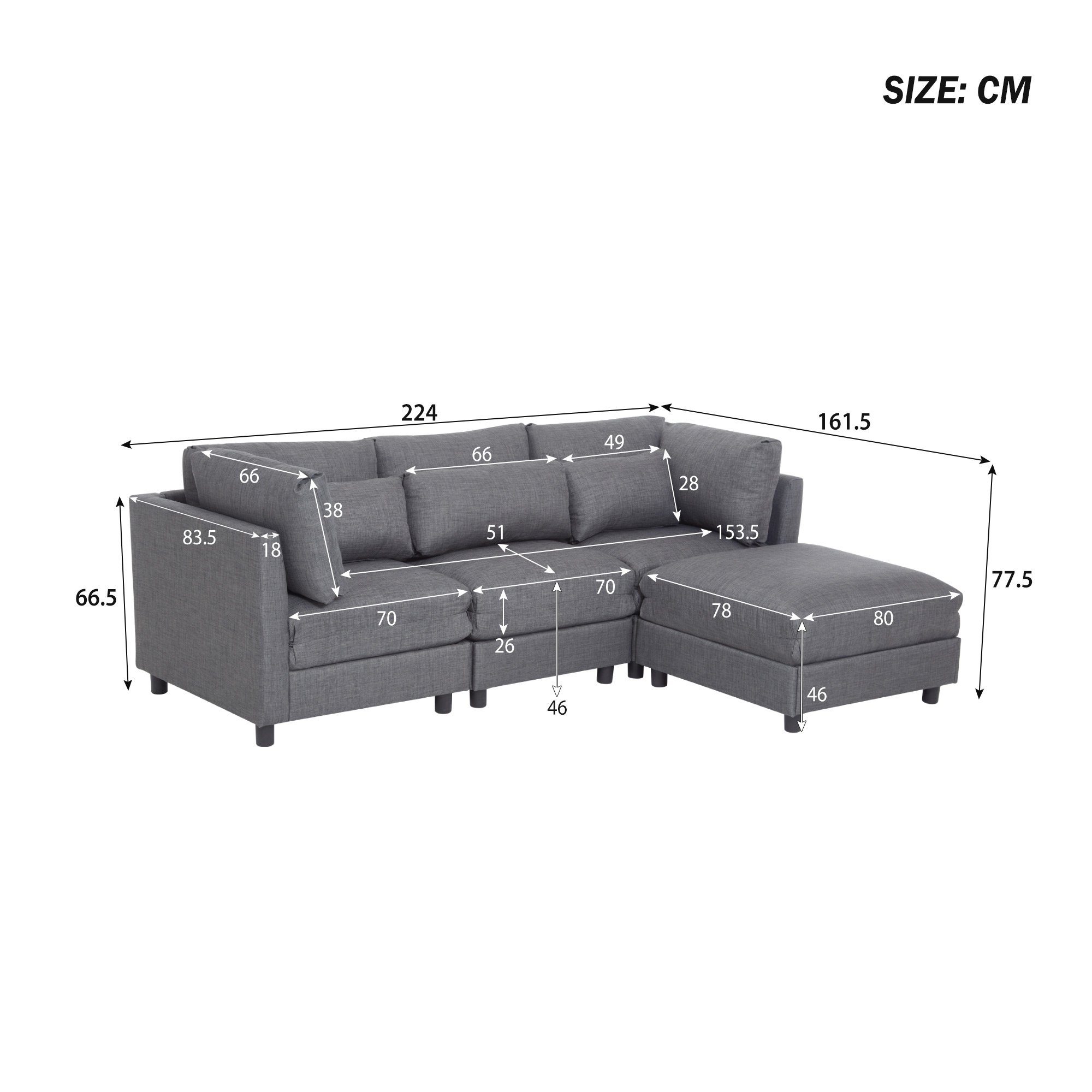 Chaiselongue, grau mit Schlafsofa Sofa mit 3-Sitzer-Sofa, Fußstütze mit WISHDOR Ecksofa Ecksofa Schlaffunktion,
