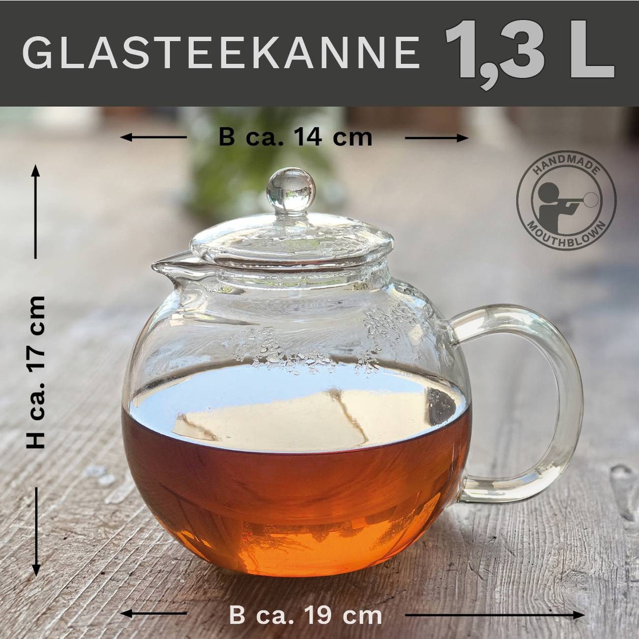 Creano Teekanne Teekanne “Schnabel” 1,3l mit Integriertem Edelstahl-Sieb + Glas-Deckel, 1,3 l, (1er-Set, 3-St., Teekanne & Deckel), tropffrei
