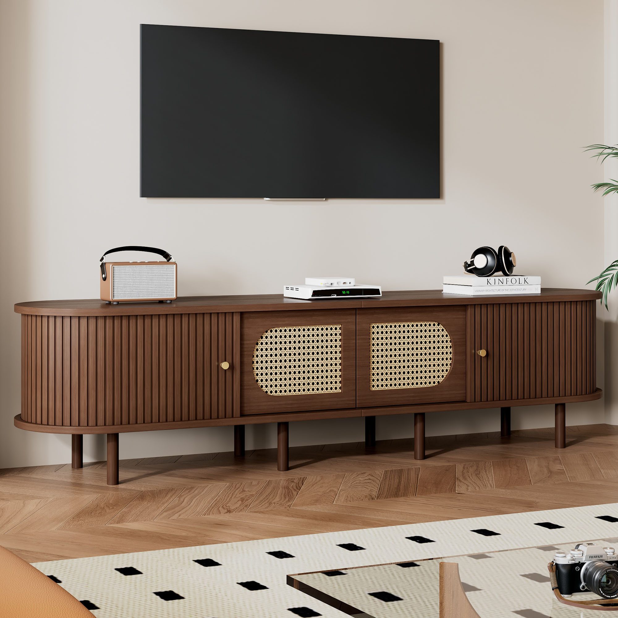 STILVORA Lowboard wohnzimmer TV-Ständer mit Stauraum Lowboard Rattan-Design Nussbaum