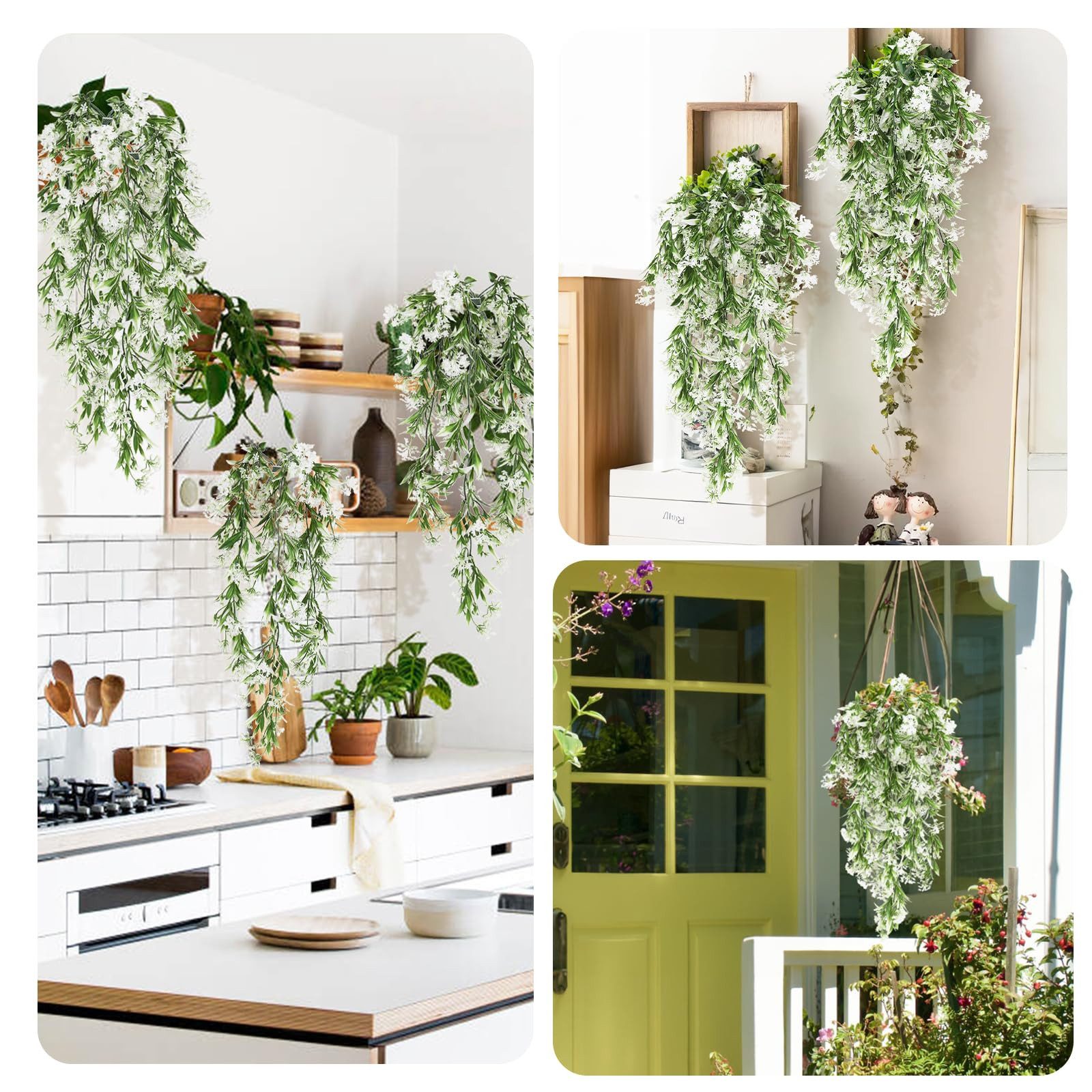 Kunstblumenstrauß Künstliche Kunstblumen-Ranke mit weißen Blüten,3 Stück Hängende Blumen, Diwzbyn, Hängepflanzen Wanddeko, Kunstblumen für Balkon, Wohnzimmer und Garten