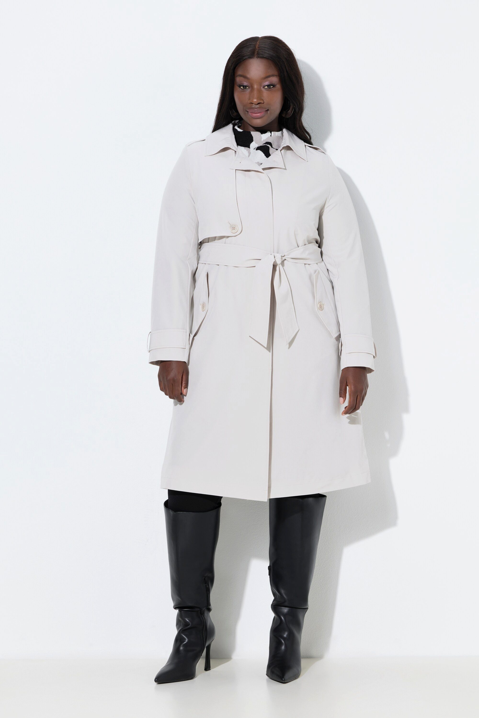 Ulla Popken Wintermantel Trenchcoat A-Linie Hemdkragen Gürtel Satinfutter
