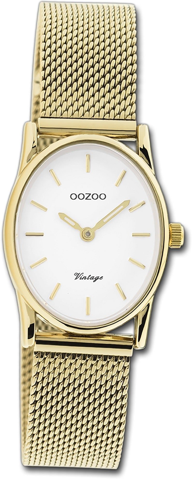 OOZOO Quarzuhr Oozoo Damen Armbanduhr Vintage Series, Damenuhr Metall, Mesharmband gold, ovales Gehäuse, klein (22,5x28mm)