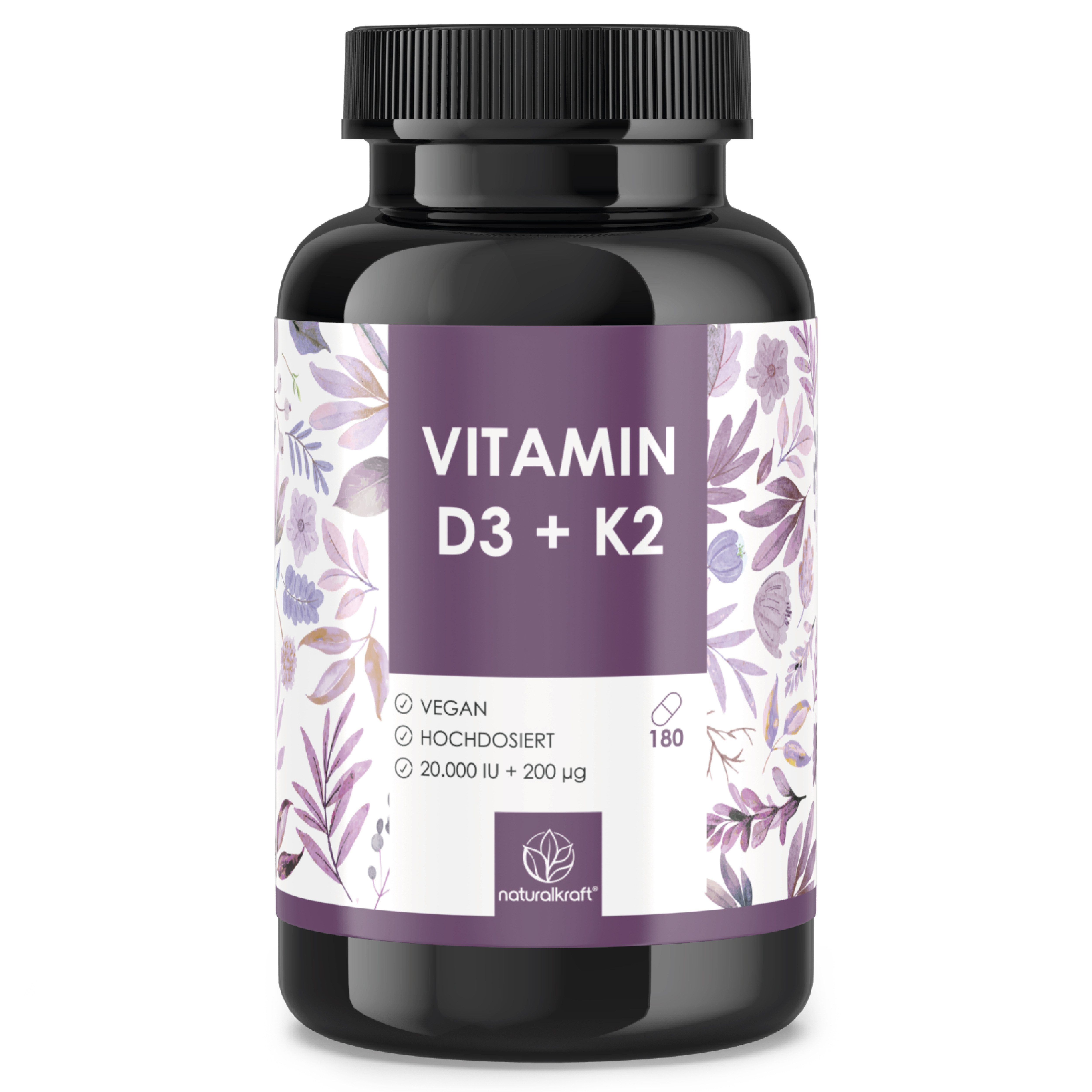 Naturalkraft Vitamin D3 + K2, 20.000 IE + 200 mcg, 180 Stk. - Hochdosiert - Vegan Kapseln, 108 g