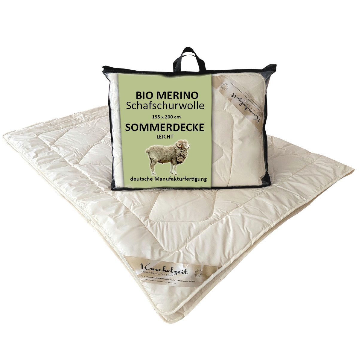 Meivita Naturhaarbettdecke Bio Merino Schafschurwolle Sommerdecke kbA und kbT, Füllung: 100% Wolle kbT, Bezug: 100% Baumwolle kbA, Bettdecke Hergestellt in Deutschland
