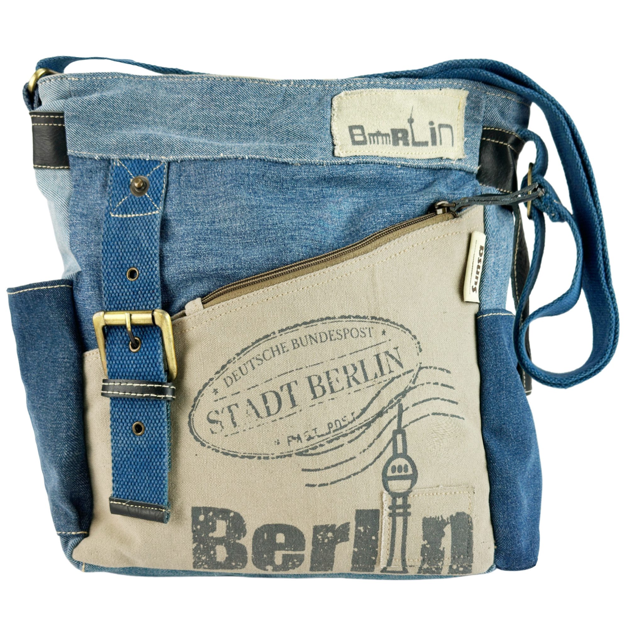 Sunsa Umhängetasche Crossover Tasche aus recycelte Jeans Canvas & Leder Sch günstig online kaufen