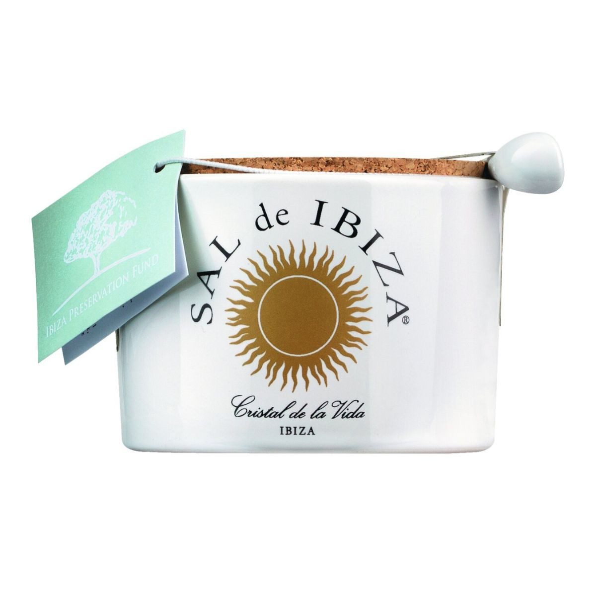 Sal de Ibiza Gewürz Fleur de Sel Isla Blanca, Meersalz mit ibizenkischen Kräutern, 140 g, im Steintopf, mit Dosierlöffelchen