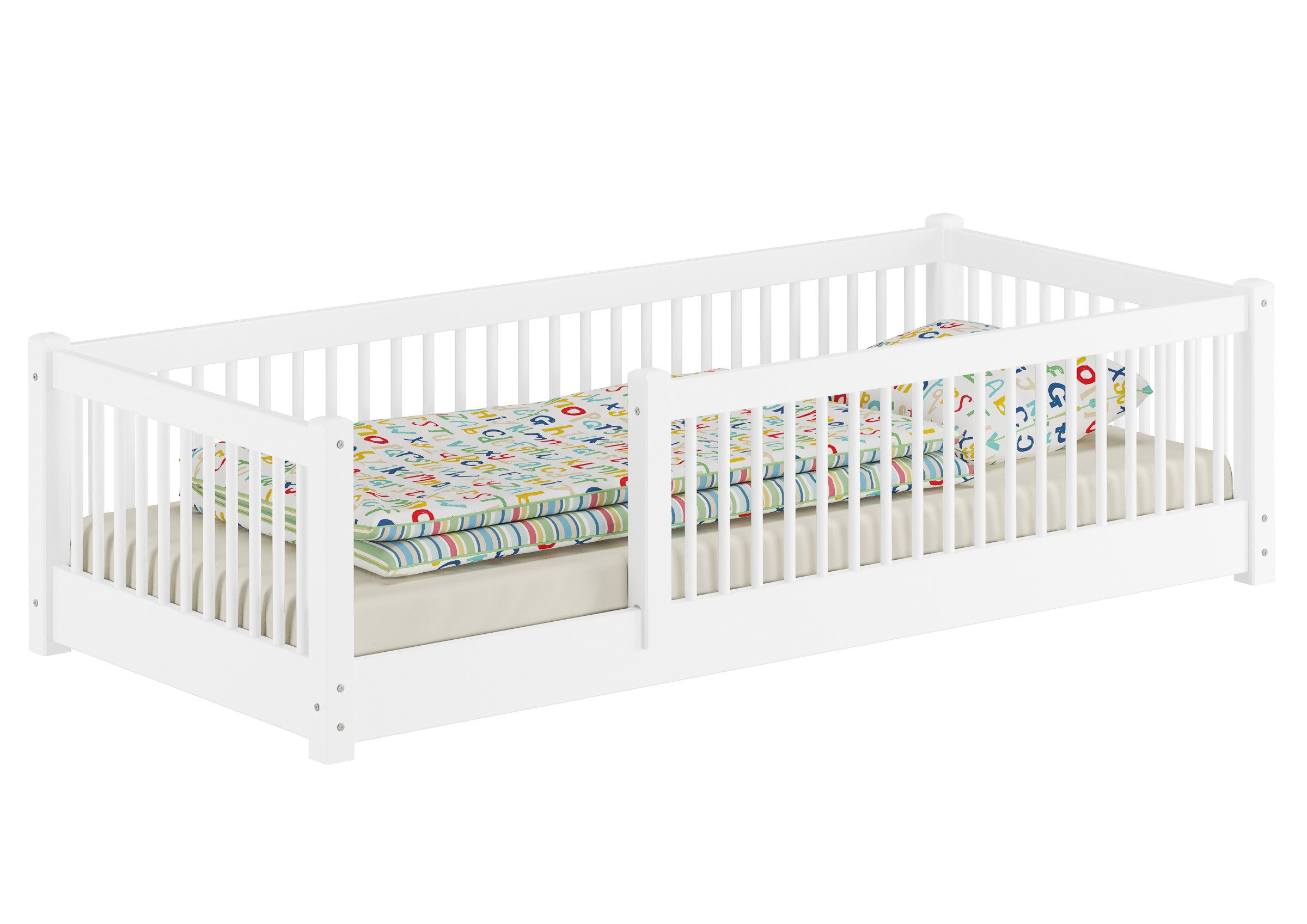 Bett Weißes Niedriges Holz-Gitterbett 90 x 200 Kinderbett Kiefer Massivholz