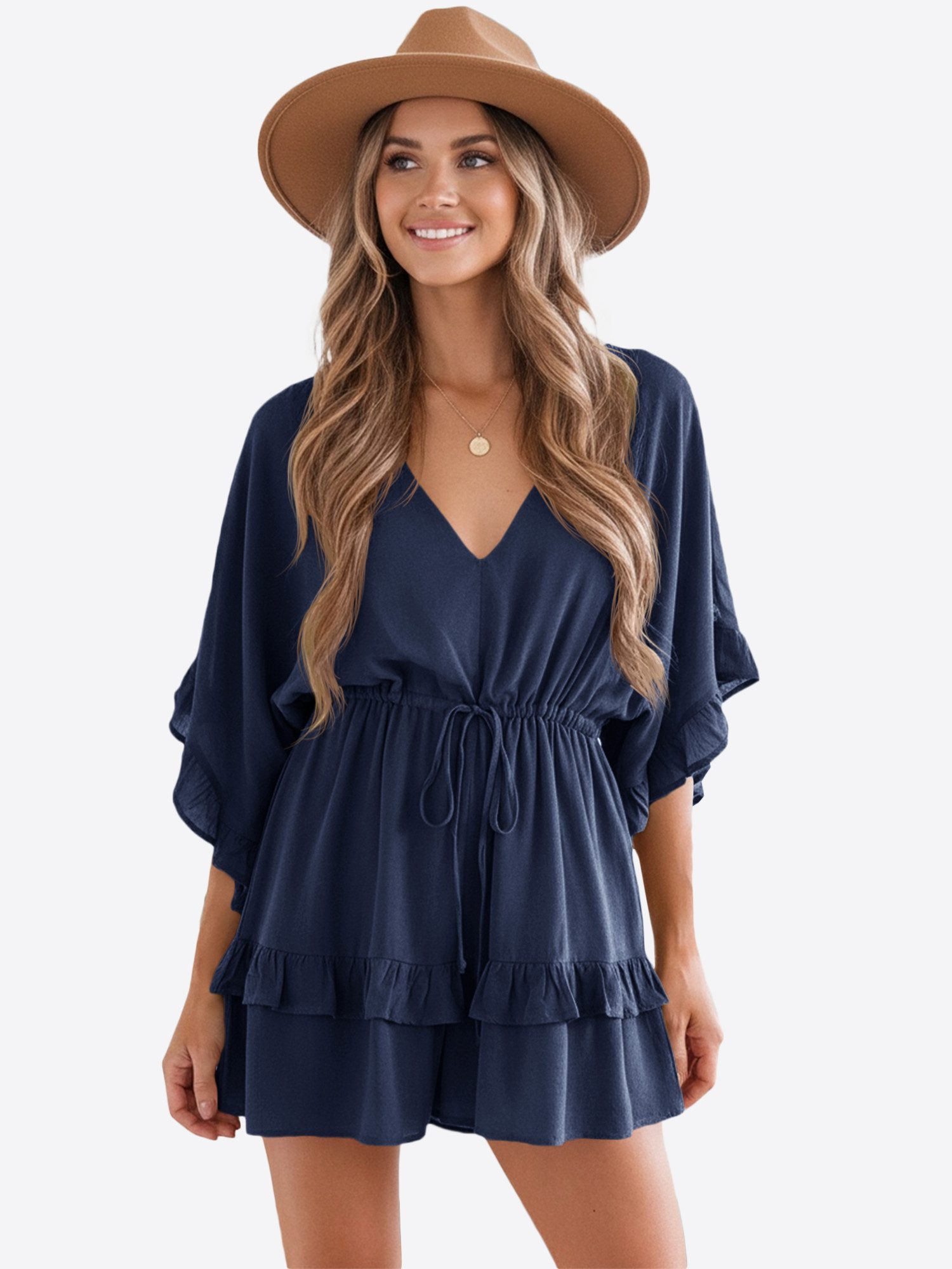 Imily Bela Jumpsuit Damen Strand romper mit V-Ausschnitt (Packung, 1-tlg., 1per-Pack) Rüschen Besatzung