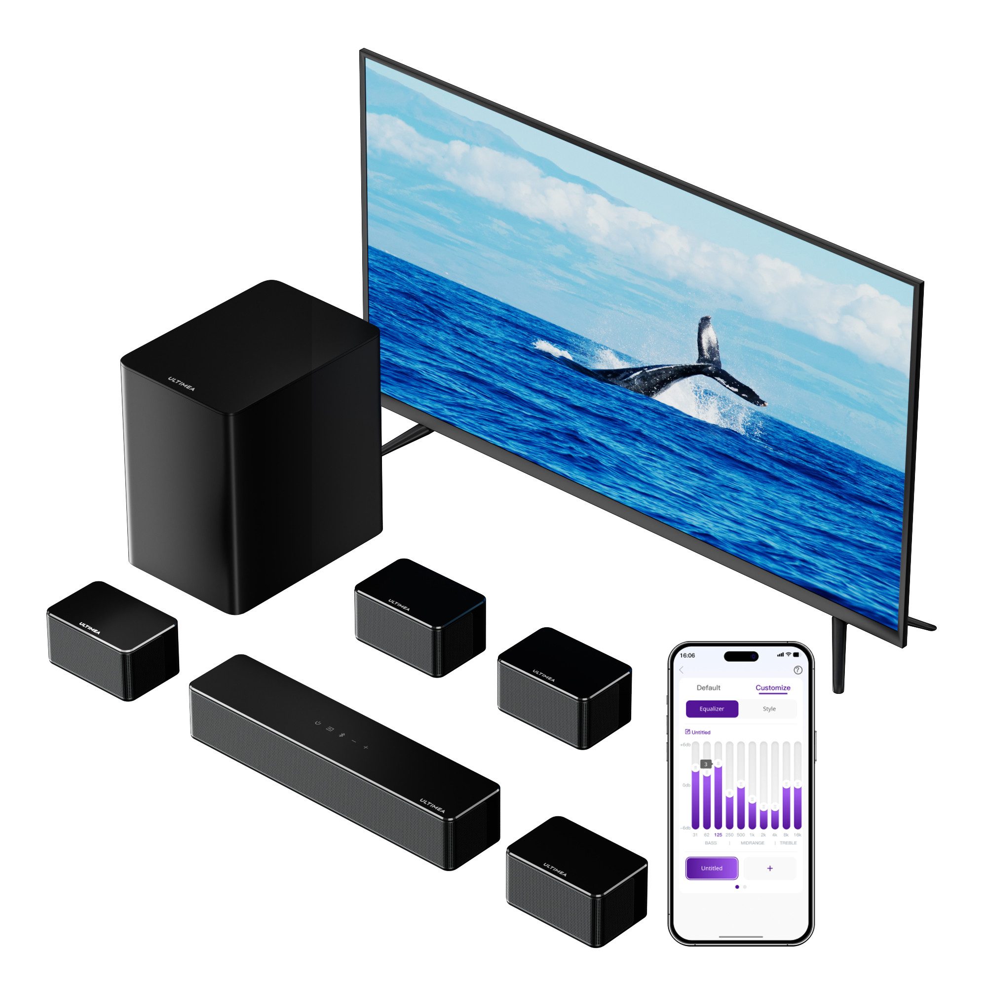 Ultimea 7.1 Soundsystem (HDMI, Optische, Bluetooth, 410 W, 4 Surround-Lautsprecher, Heimkino-Soundsystem, App-Steuerung)