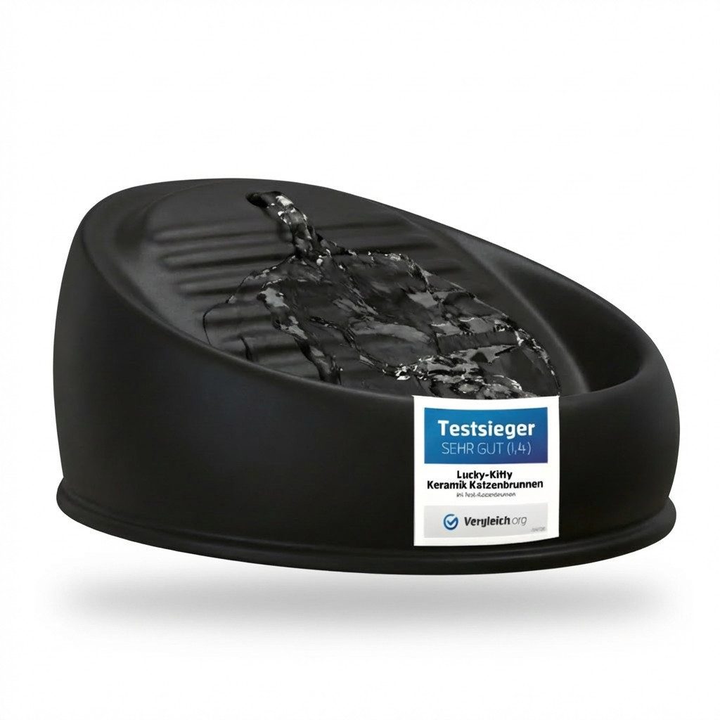 Lucky-Kitty Trinkbrunnen 1,5L Trinknapf für Katzen aus Keramik mit Pumpe für fließendes Wasser, Katzenbrunnen, extralanges Kabel (ca. 2m), für Spülmaschinen geeignet