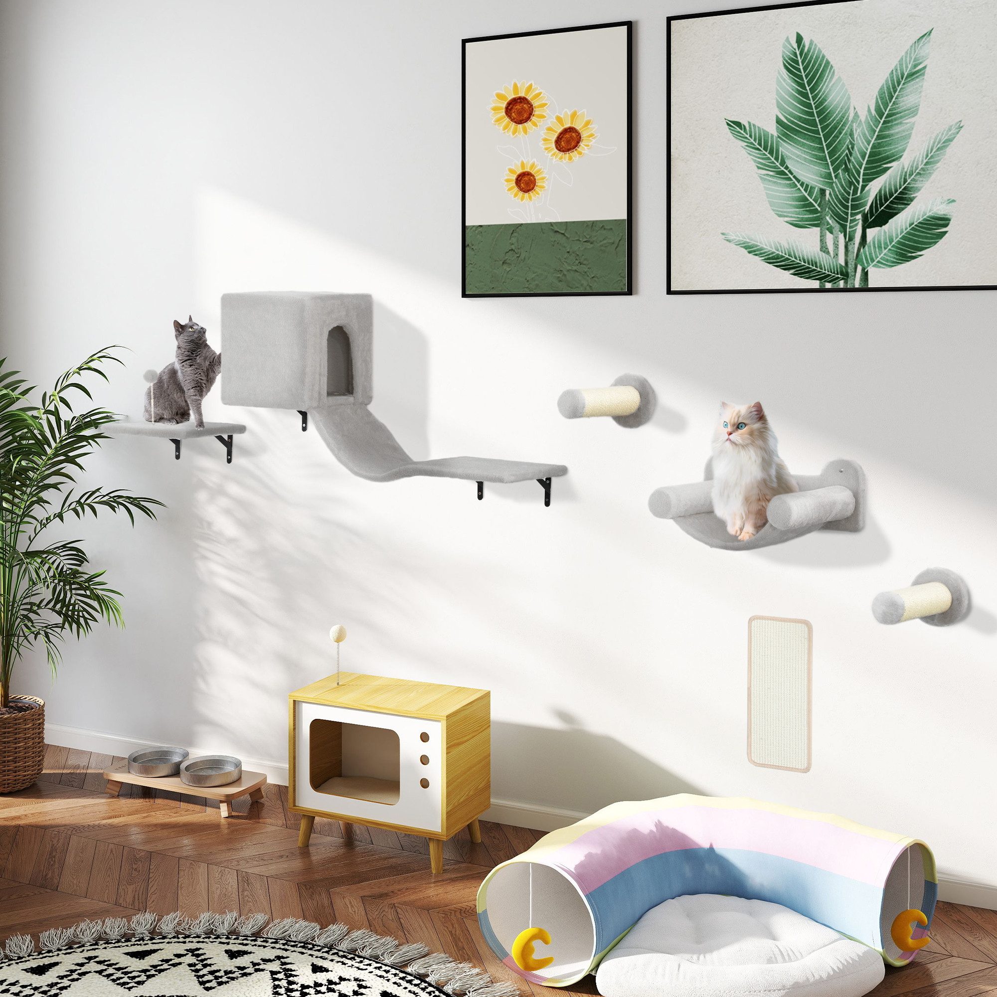 PawHut Katzen-Kletterwand 6-teilig, mit Katzenhaus, Hängematte, Plattform, günstig online kaufen