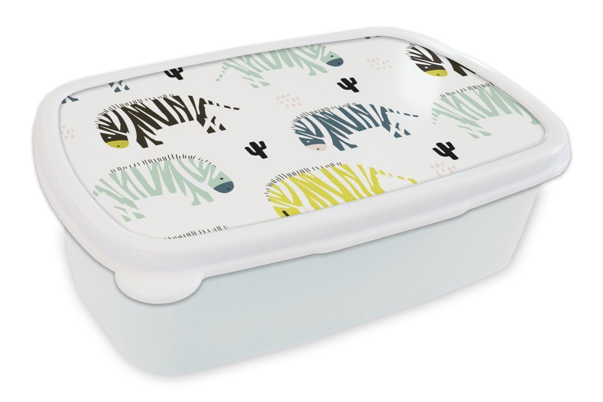 MuchoWow Lunchbox Zebra - Farben - Kaktus - Weiß, Kunststoff, (2-tlg), Brotbox für Kinder und Erwachsene, Brotdose, für Jungs und Mädchen