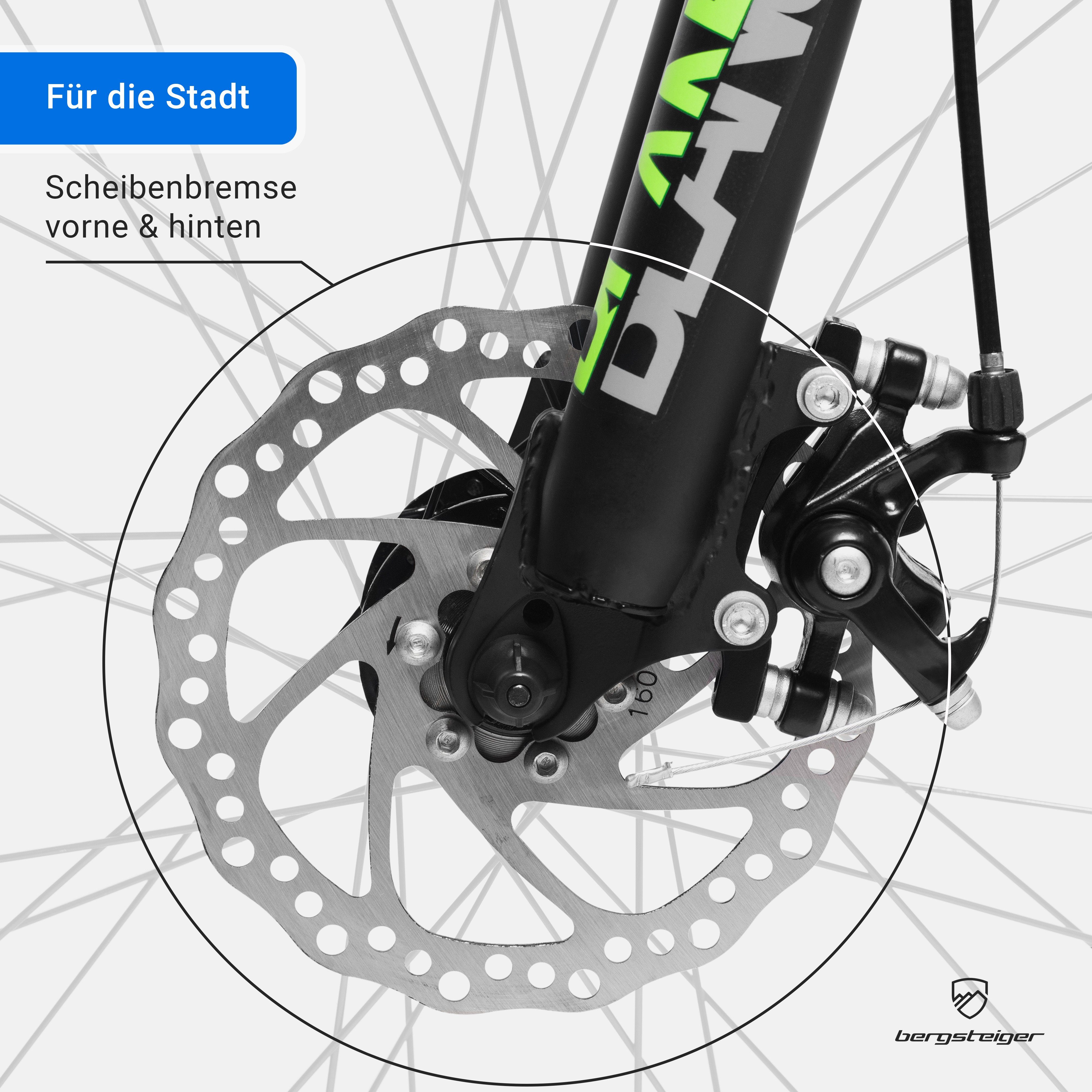 bergsteiger Mountainbike Makalu 26, 29 Zoll Mountainbike Alu, geeignet ab 150 cm, Damen, Herren, 21 Gang Shimano Tourney RD-TY300 Schaltwerk, Kettenschaltung, Scheibenbremsen