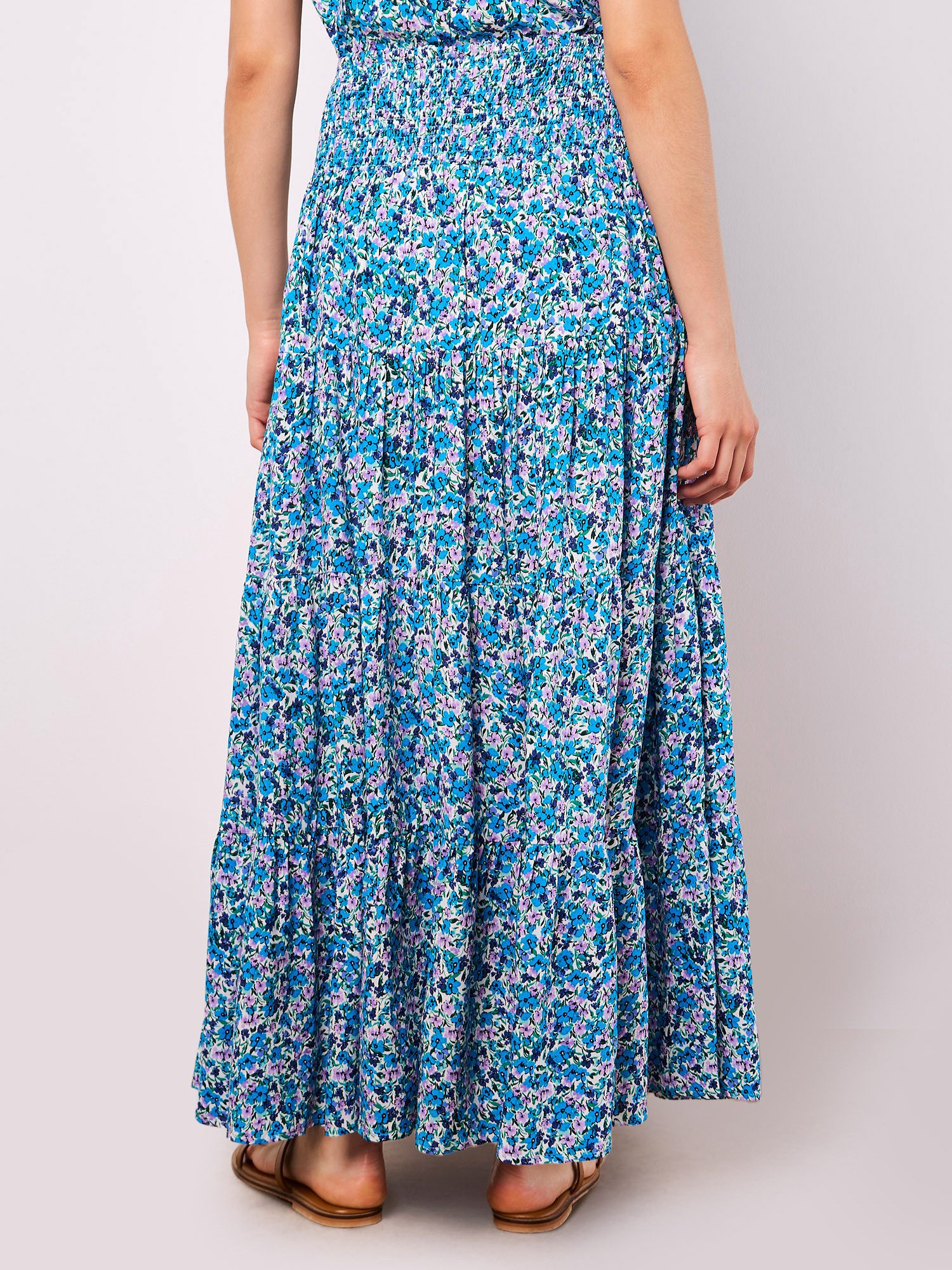 Apricot Maxirock Geblümter, gestufter Maxirock mit gesmoktem Bund