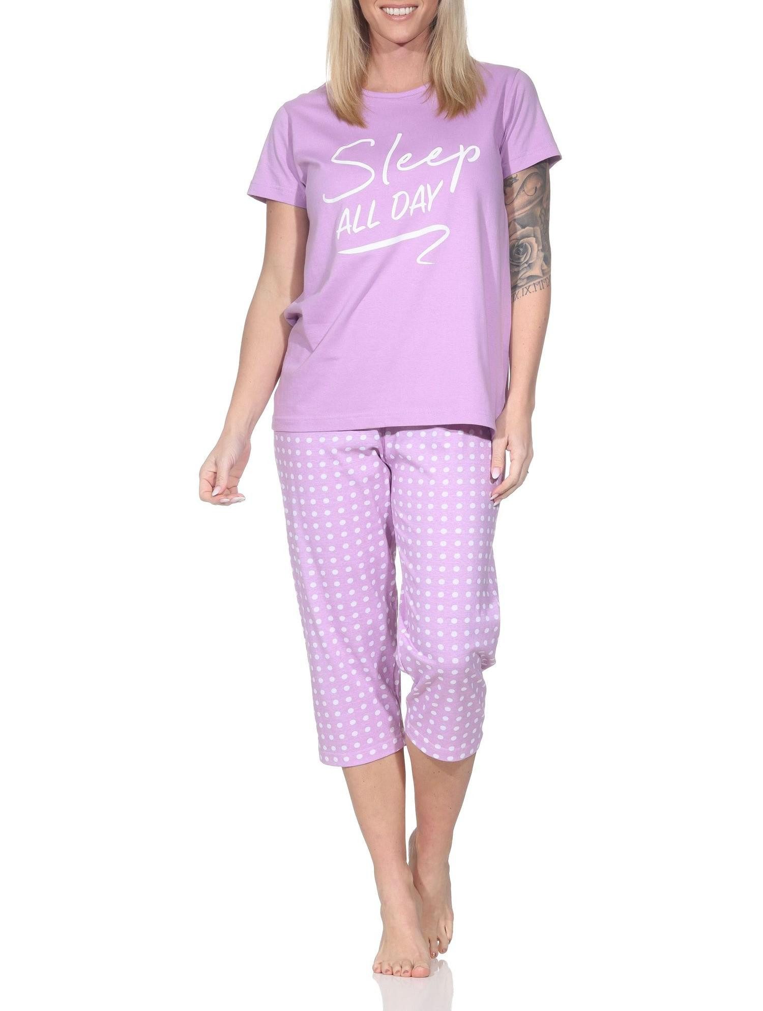 Normann Pyjama Normann Damen Schlafanzug kurzarm mit Capri-Pyjamahose in Punkte Optik