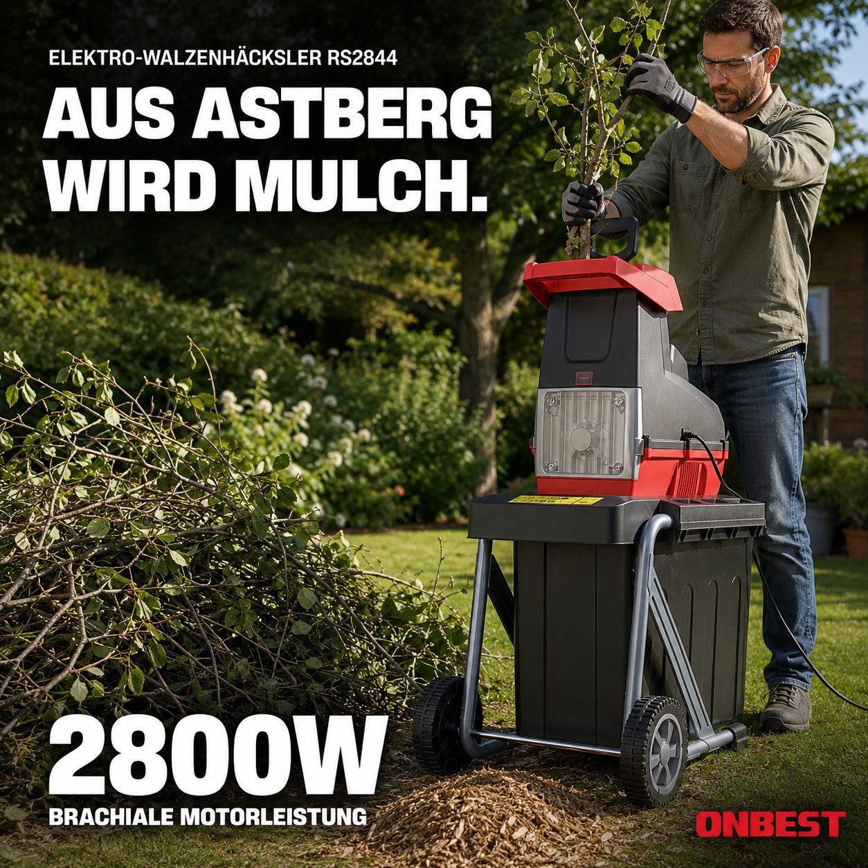 Onbest Messerhäcksler RS2844 mit Stopfer, 2800W, 60L Fangbox, 4,4 cm max. Astdurchmesser, Rücklauf, Selbsteinzug