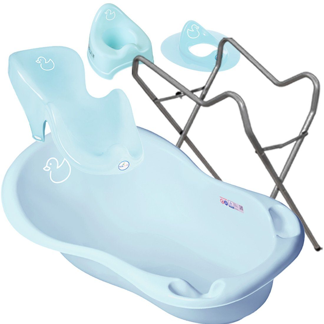 Wanne DUCK Gestell – Babybadeset (Made + Teile Aufsatz ** - Töpf Grau Ständer Blau + Badesitz + WC SET + + ** Premium Tega-Baby 4 Set), Europe Wwanne Babybadewanne Pflege, in