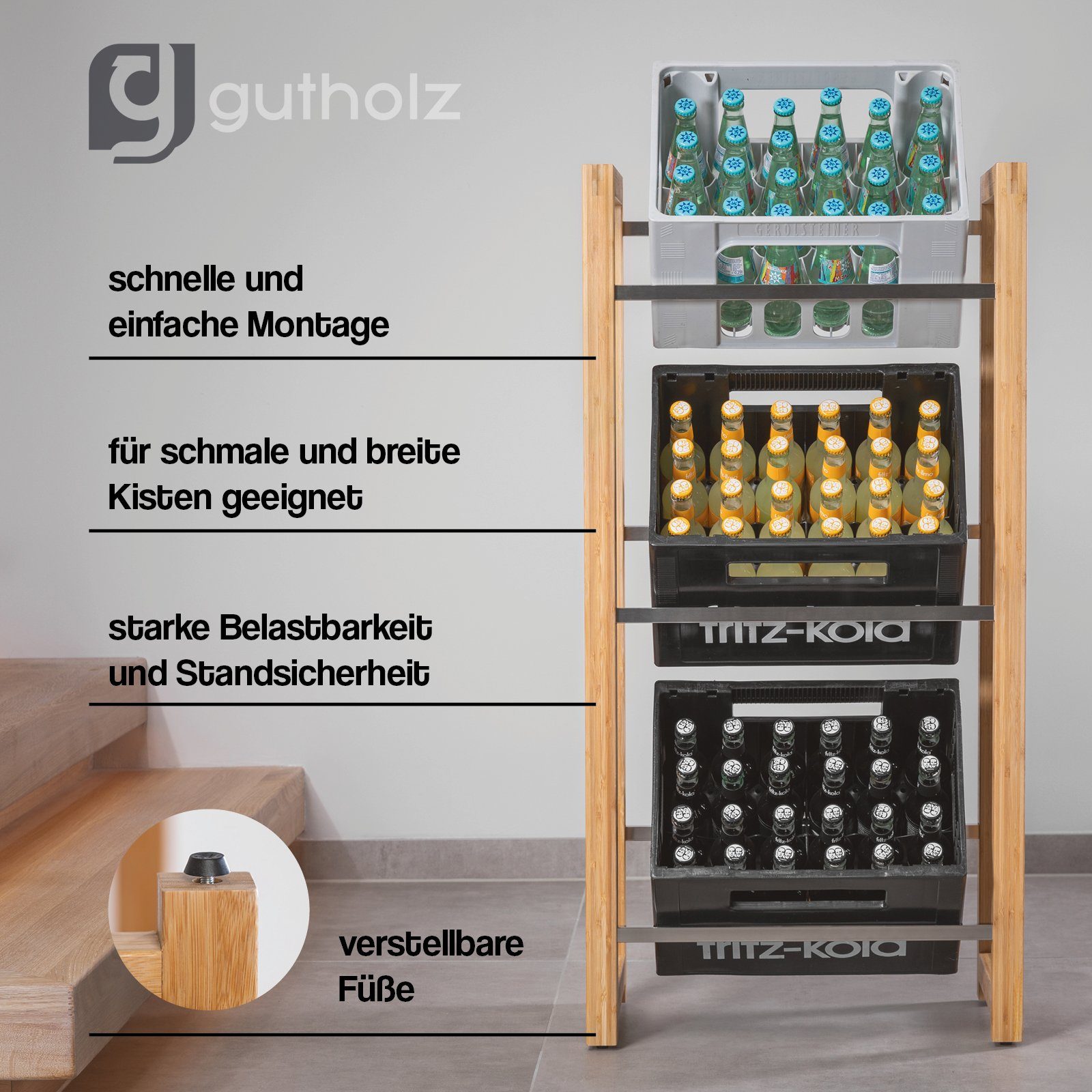 gutholz Standregal Getränkekistenregal aus Bambus & Edelstahl für 3 Kisten