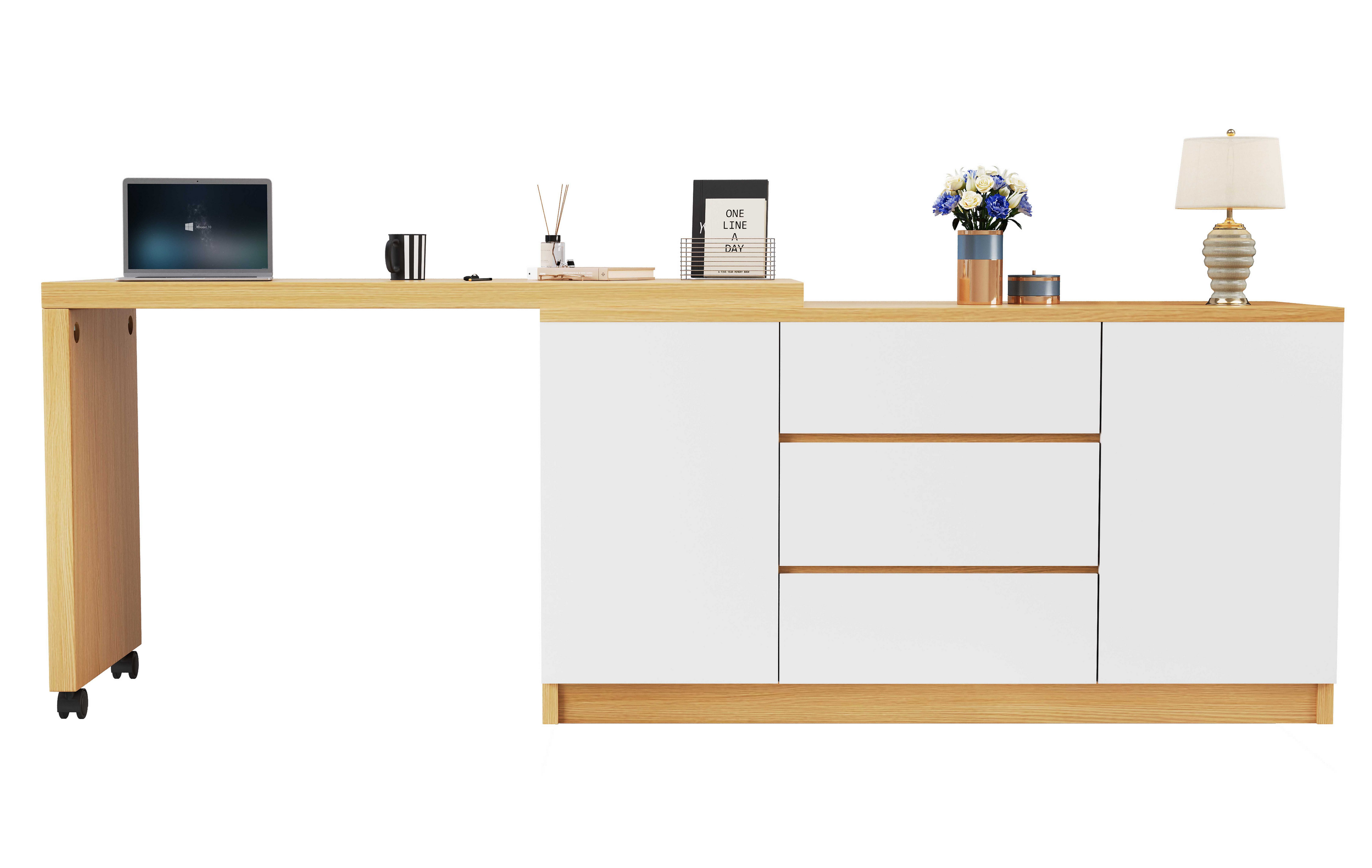 BlingBin Schreibtisch (1-St., 360° Drehbarer Klapptisch mit Feststellrollen, L-förmig nutzbar), 2 Türen & 3 Schubladen, Schreibtisch/Sideboard/Schminktisch