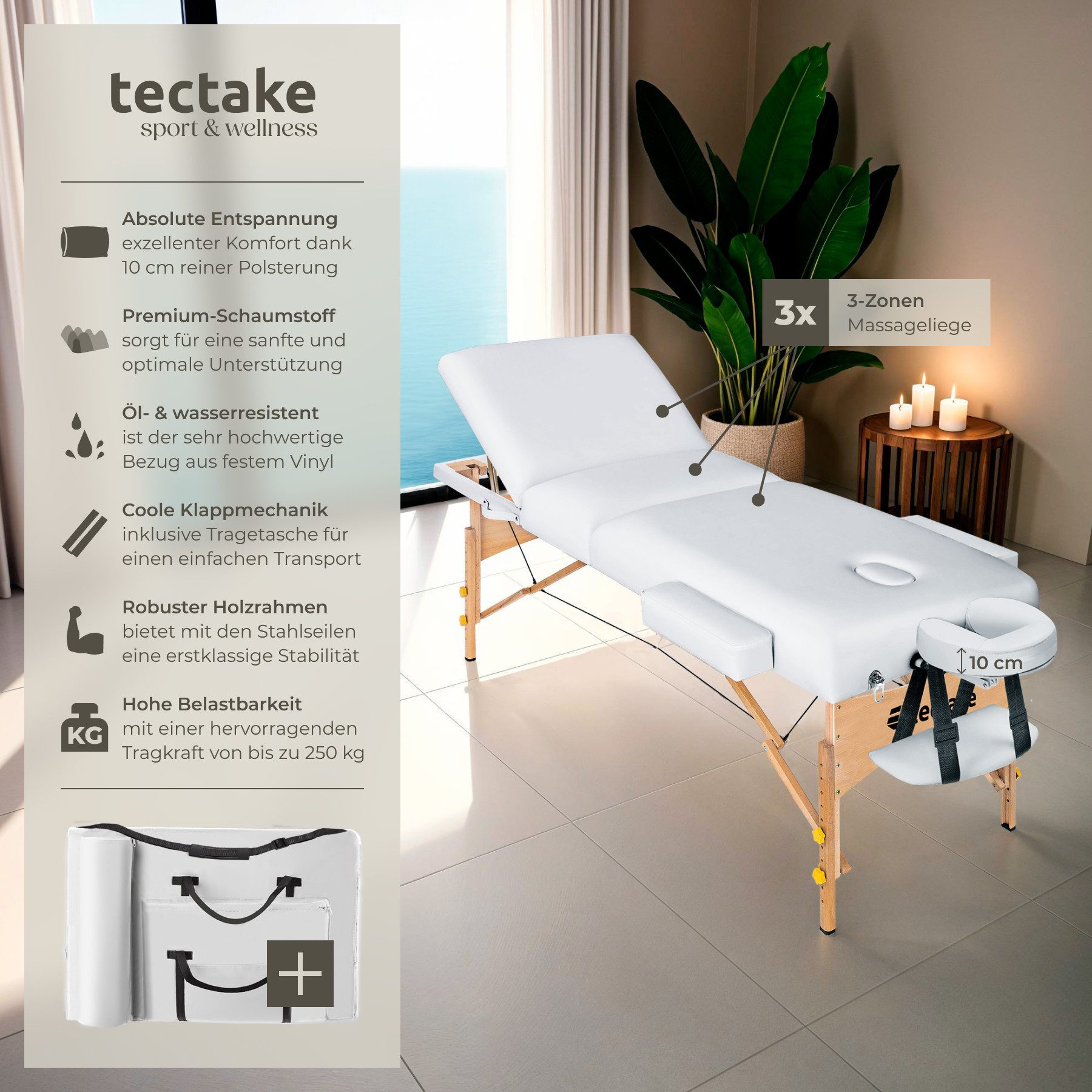 tectake Massageliege 3 Zonen Massageliege (Set, 1-St., mit Tragetasche), Breite 70 cm, Polsterung 10 cm