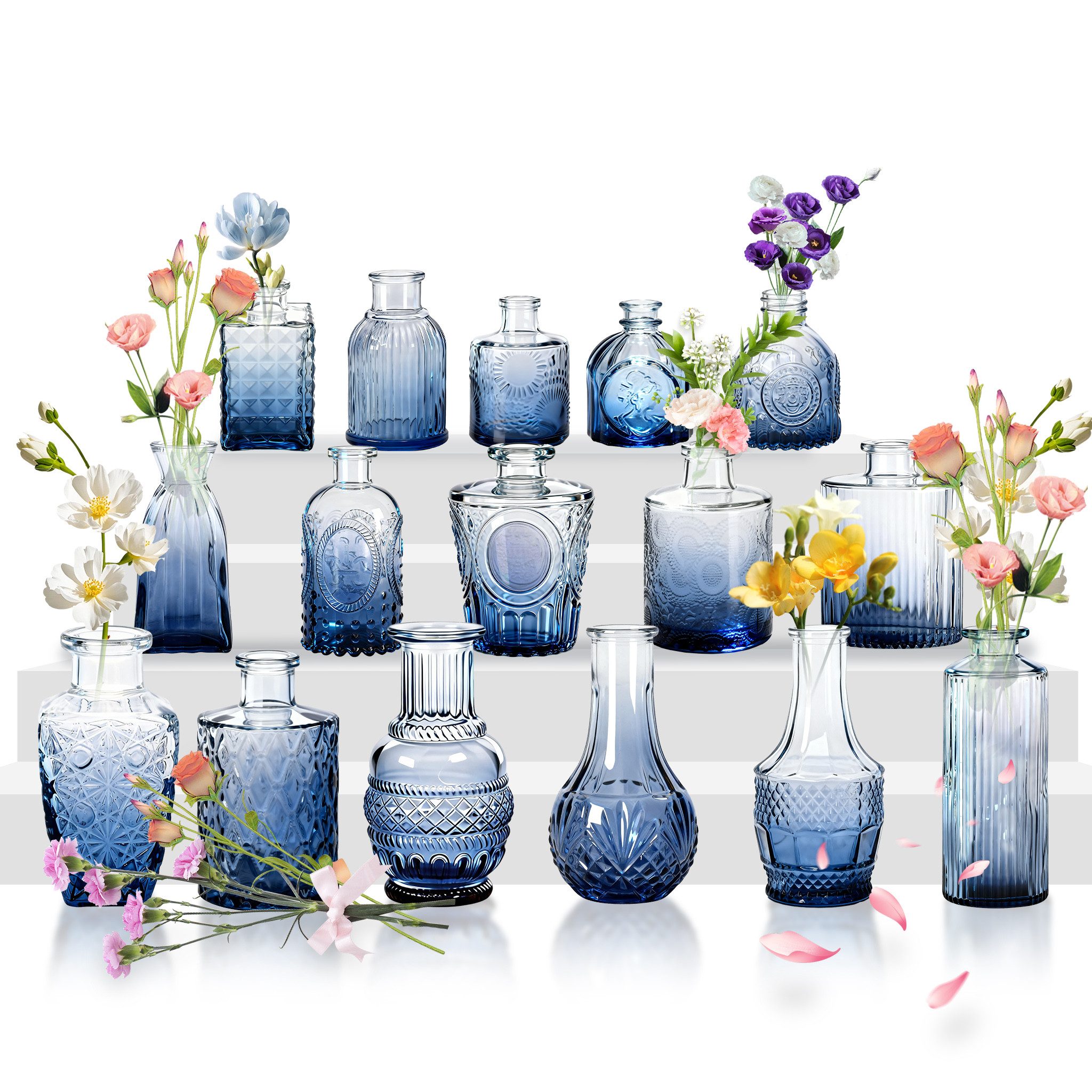 FIVMEN Dekovase Glasvasen Set Blumenvasen Vintage Glas Vasen Minivasen Knospenvasen (16 St), für Blumenarrangements, Hochzeiten, Partys und Dekorative