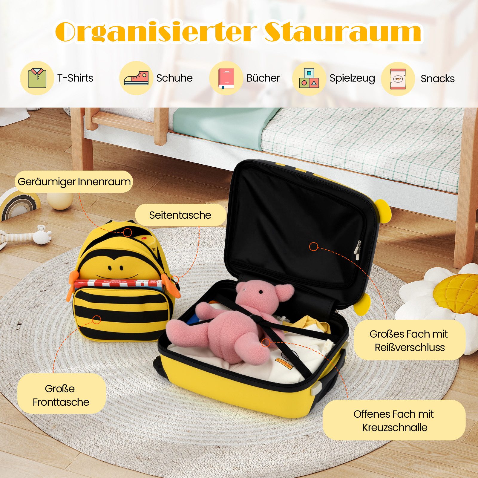 COSTWAY Kinderkoffer, 4 Rollen, Rucksack mit Anti-Verlust-Seil, ab 3 Jahren