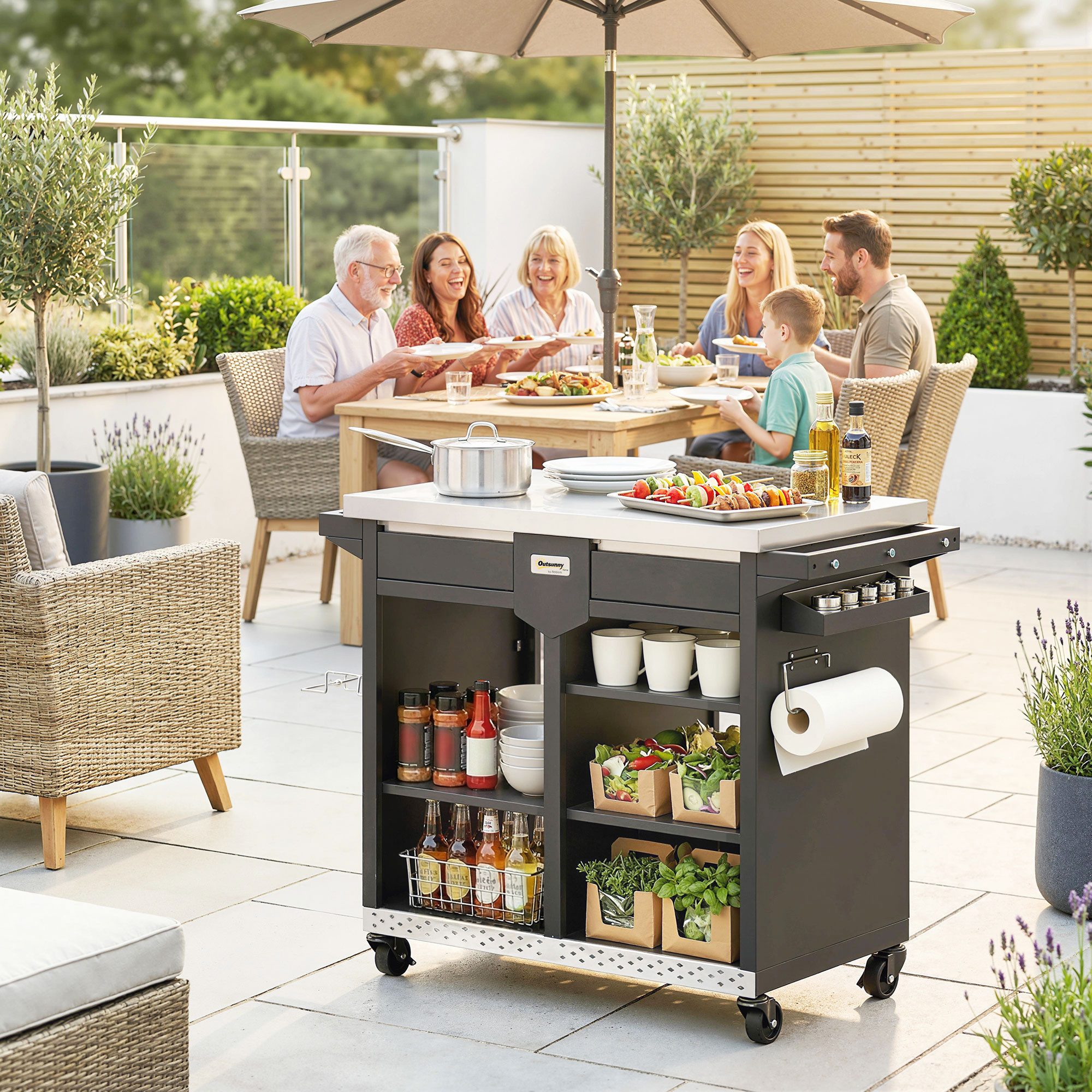 Outsunny Servierwagen mit Edelstahl Arbeitsfläche, verstellbar Regale, Schublade, Rollen, (Grilltisch, 1 St., Grillwagen), für BBQ 117 x 54 x 85,5 cm