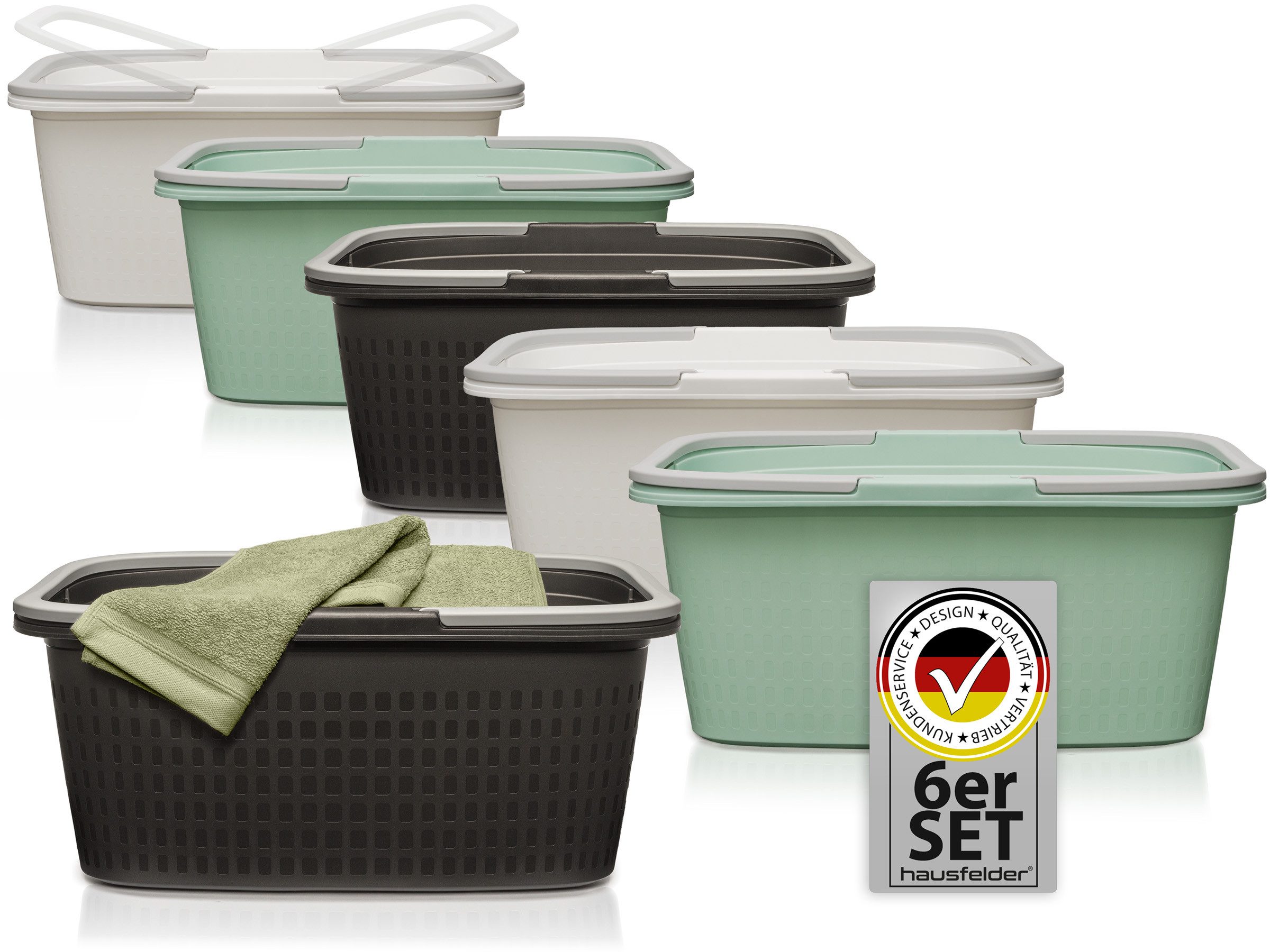 Hausfelder Wäschekorb Wäschewanne 58x37x25cm (Farbmix, 6 Wannen, 35 l) (Set, 6 St., 6 x Wäschewannen), mit klappbaren Henkeln, mit Griffen, 35 Liter