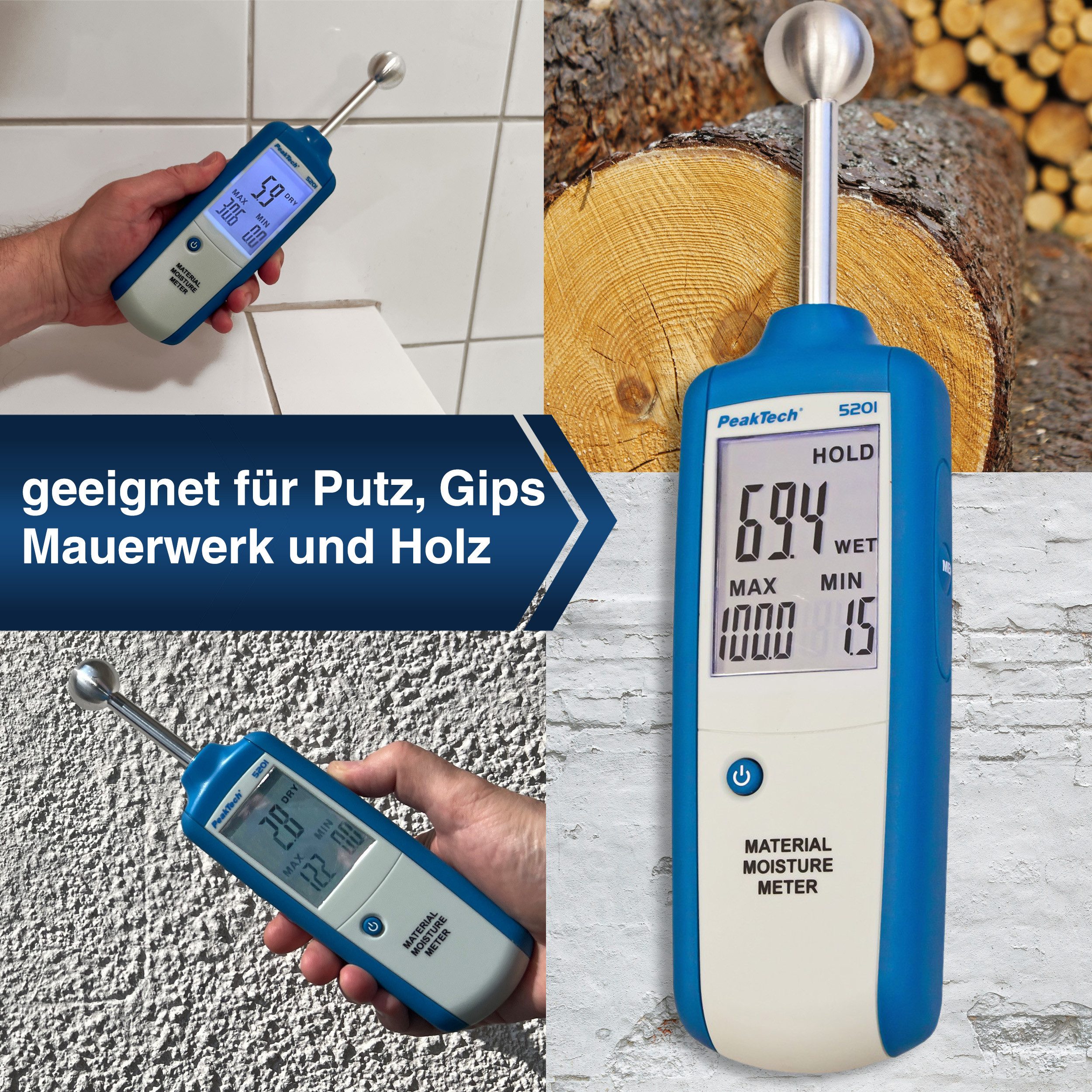 PeakTech Feuchtigkeitsmesser Holz - und Materialfeuchtemessgerät