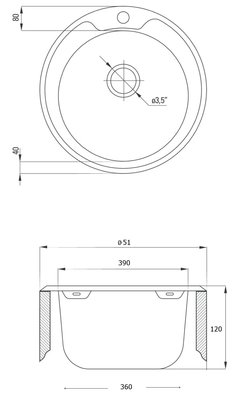 Faizee Möbel Edelstahlspüle +Armatur Ø 51 51/49 Set, cm cm Edelstahlspüle Spiral Küchenspüle inkl. Rund, Siphon