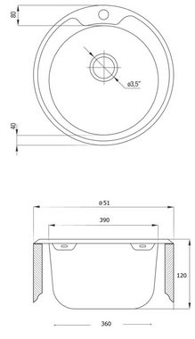 Faizee Möbel Edelstahlspüle Edelstahlspüle Ø 51 cm +Armatur Spiral Küchenspüle inkl. Siphon Set, Rund, 51/49 cm