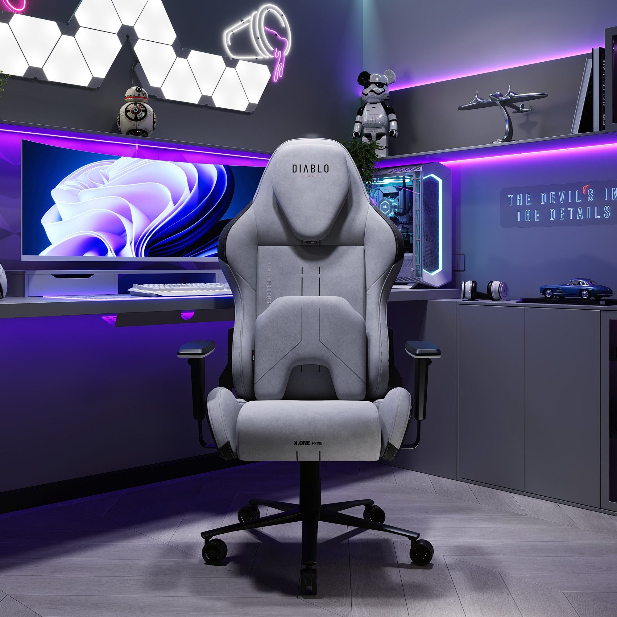 DIABLO CHAIRS Gaming-Stuhl X.One Prime Stoff ergonomisch Metallbasis 140kg CoolComfort (Magnetische Kopfstütze, Höhenverstellbare Armlehnen, Kühlender Sitz), Kopfstütze Lendenkissen CoolComfort Räder Stoff