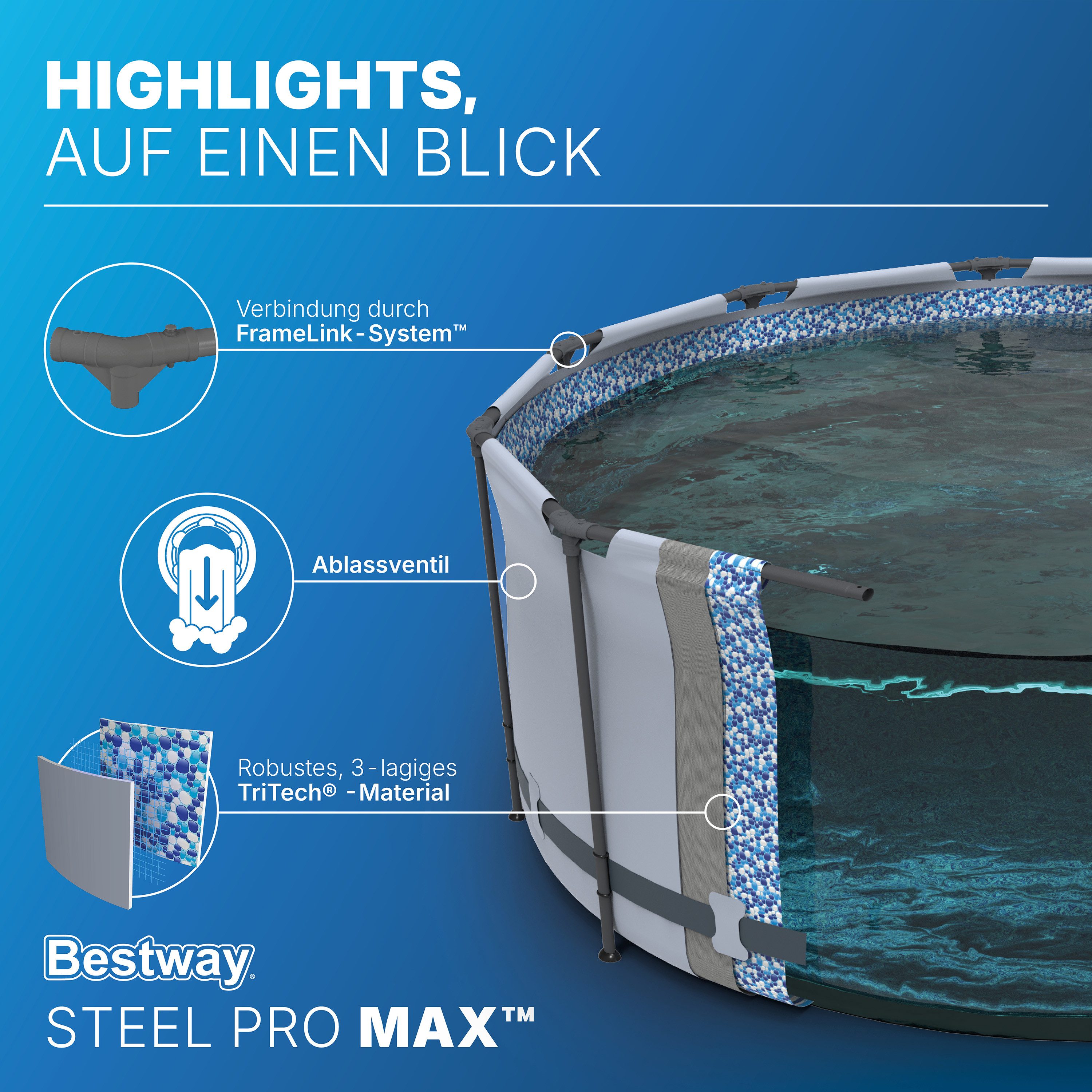 Bestway Framepool Steel Pro MAX™ (Set, Inkl. Filterpumpe, Sicherheitsleiter), Ø 366 x 100 cm