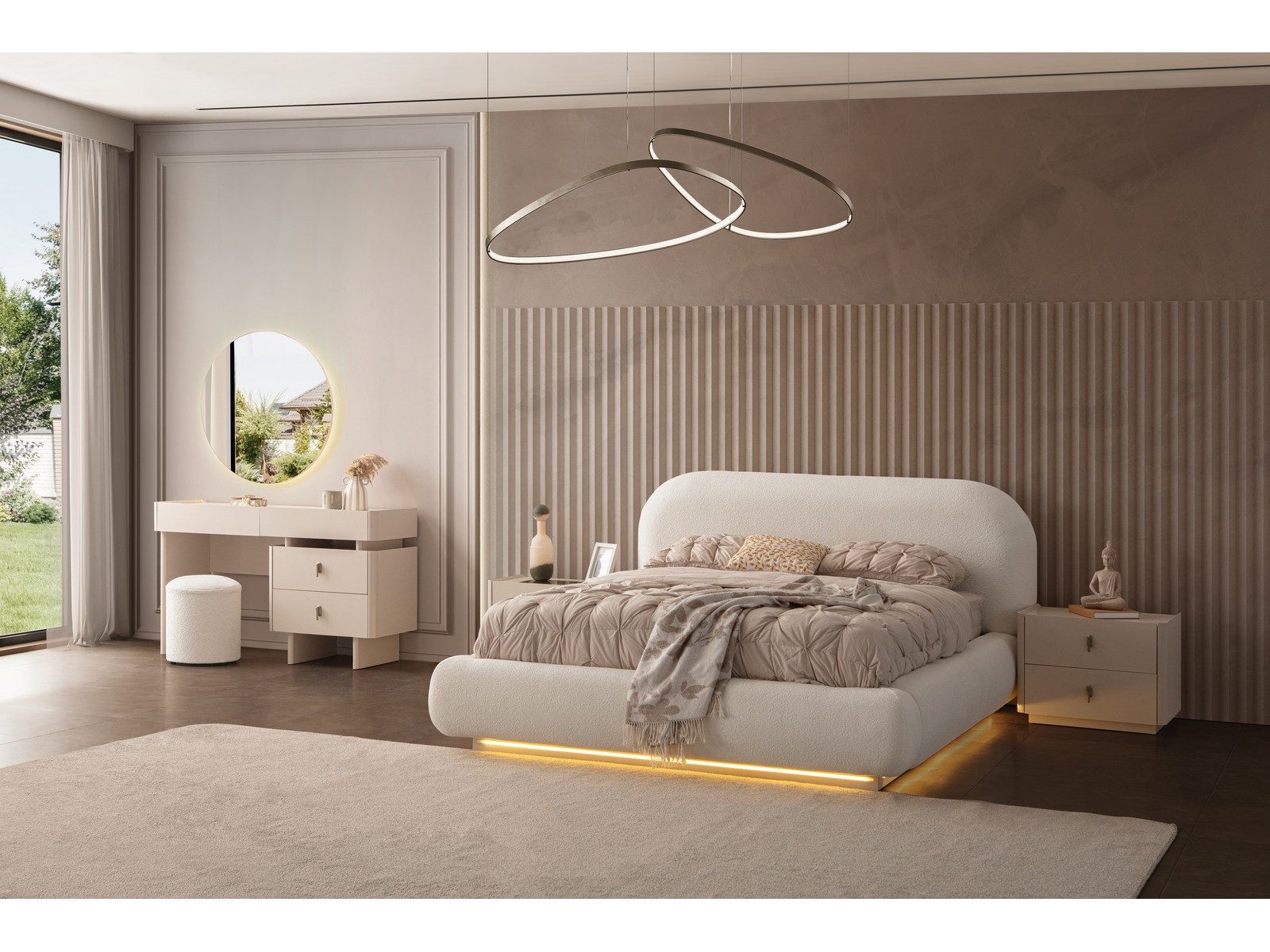Villa Möbel Schlafzimmer-Set Alaska, (Schlafzimmer-Set, 5-tlg., Bett mit Kopfteil, 2 Nachttische, Kleiderschrank und Kommode), LED Polsterbett Rauchglas Optik fünf Türen viel Stauraum